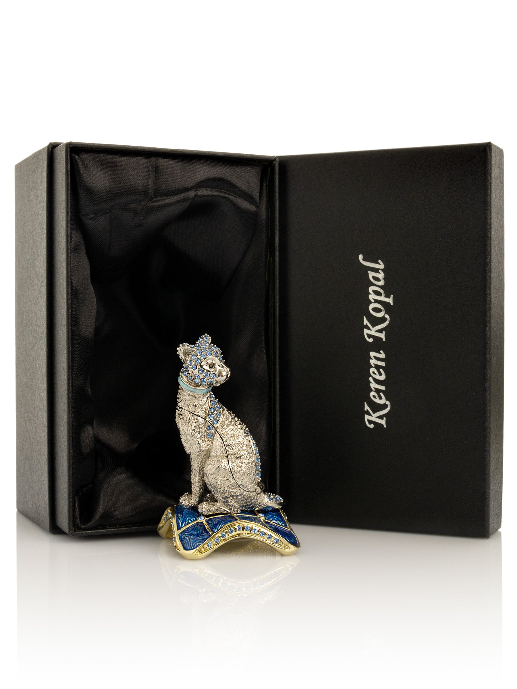Elegant Silver Cat Trinket Box with Blue Crystals