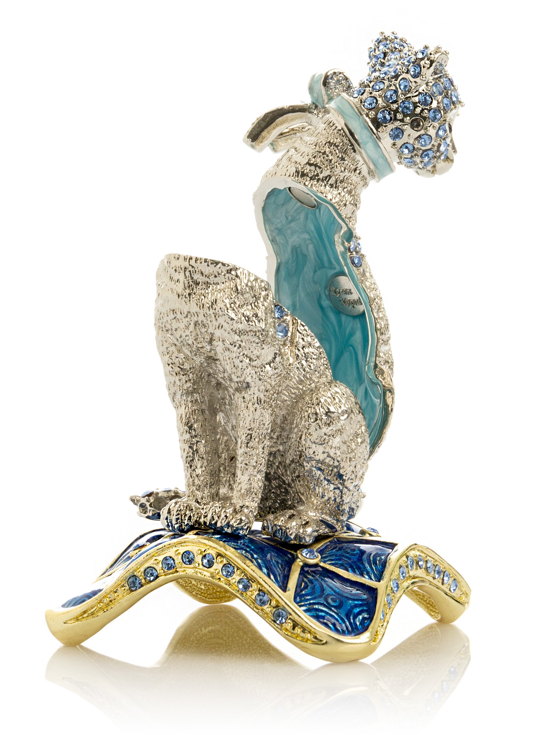 Elegant Silver Cat Trinket Box with Blue Crystals