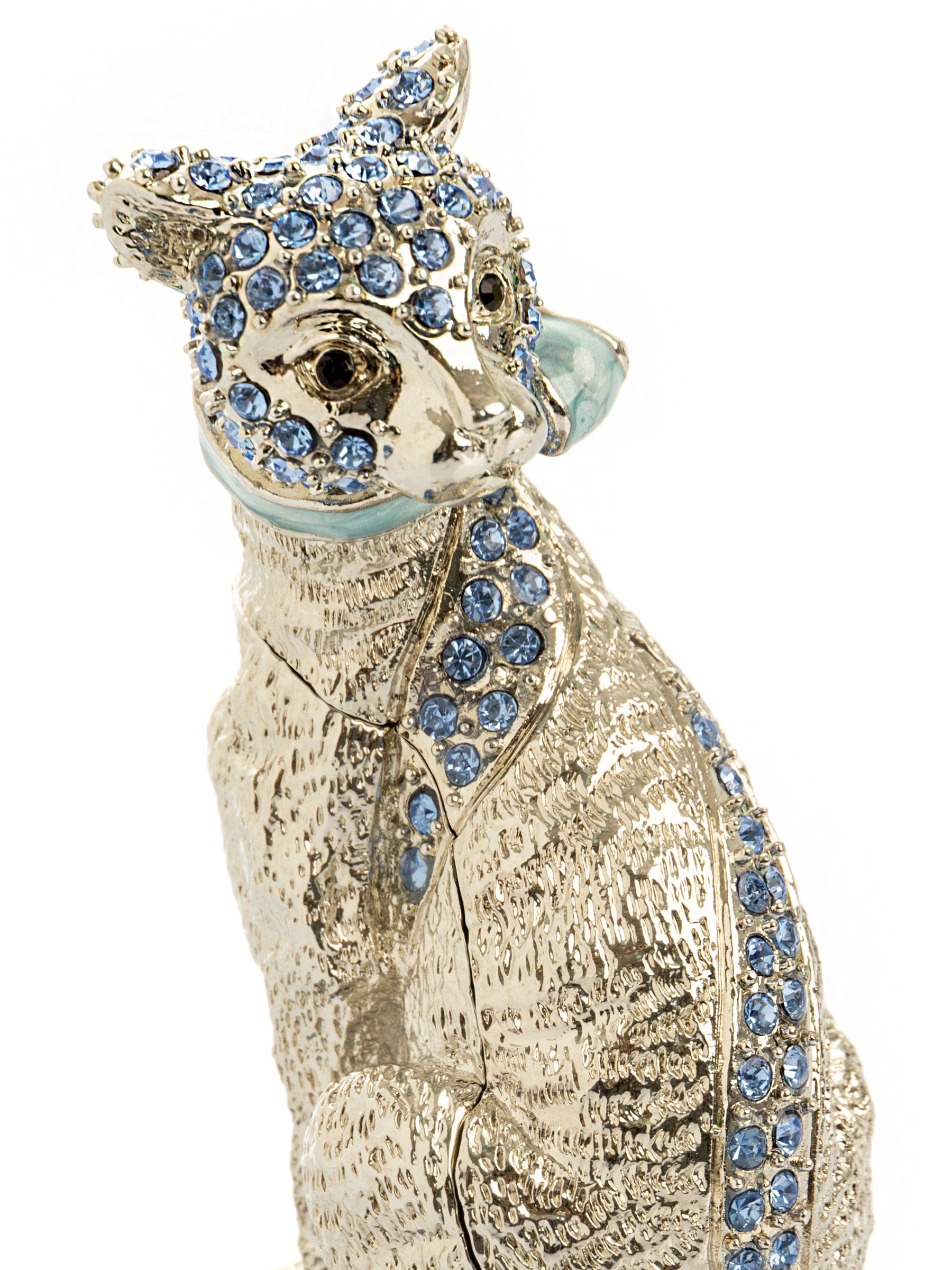 Elegant Silver Cat Trinket Box with Blue Crystals