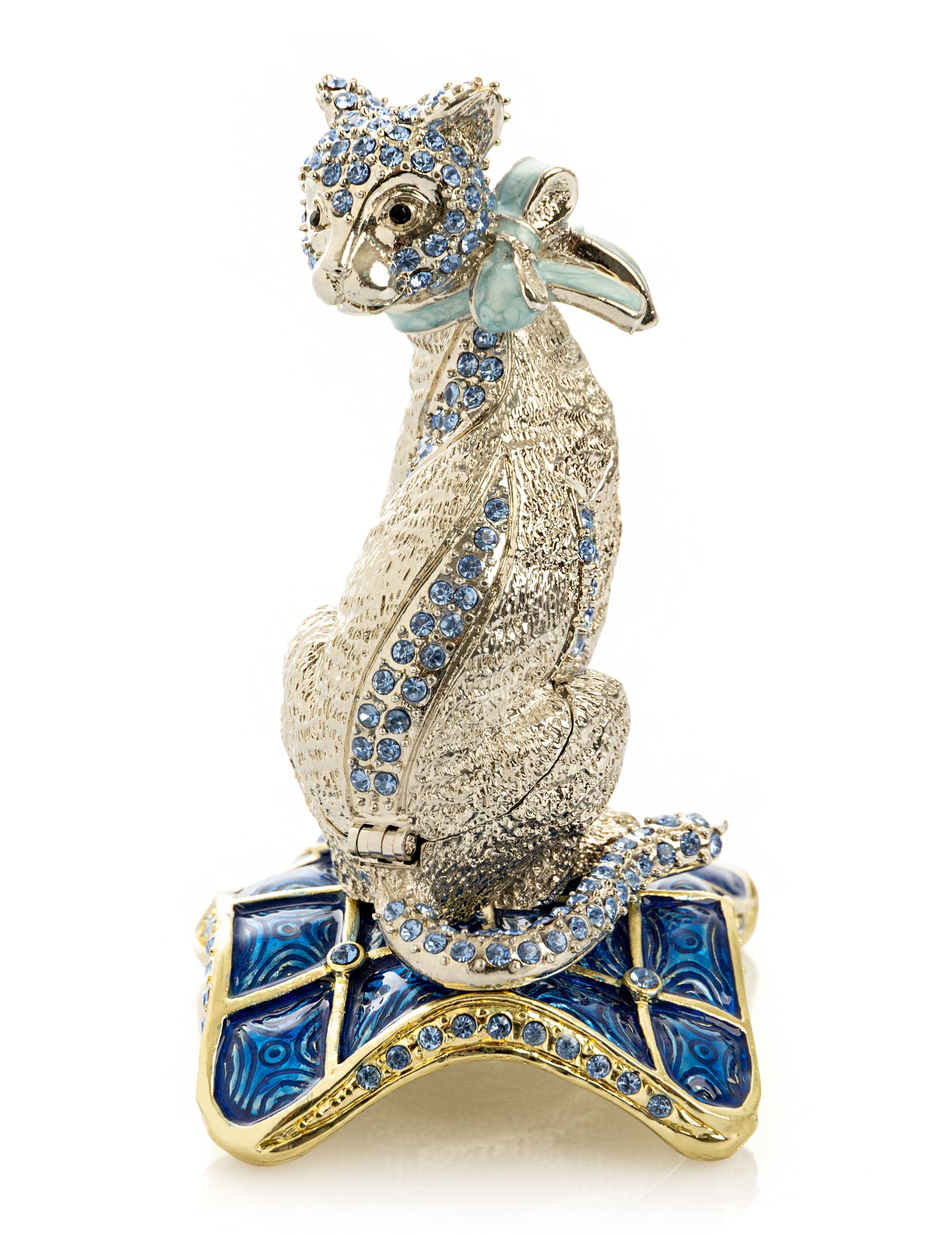Elegant Silver Cat Trinket Box with Blue Crystals