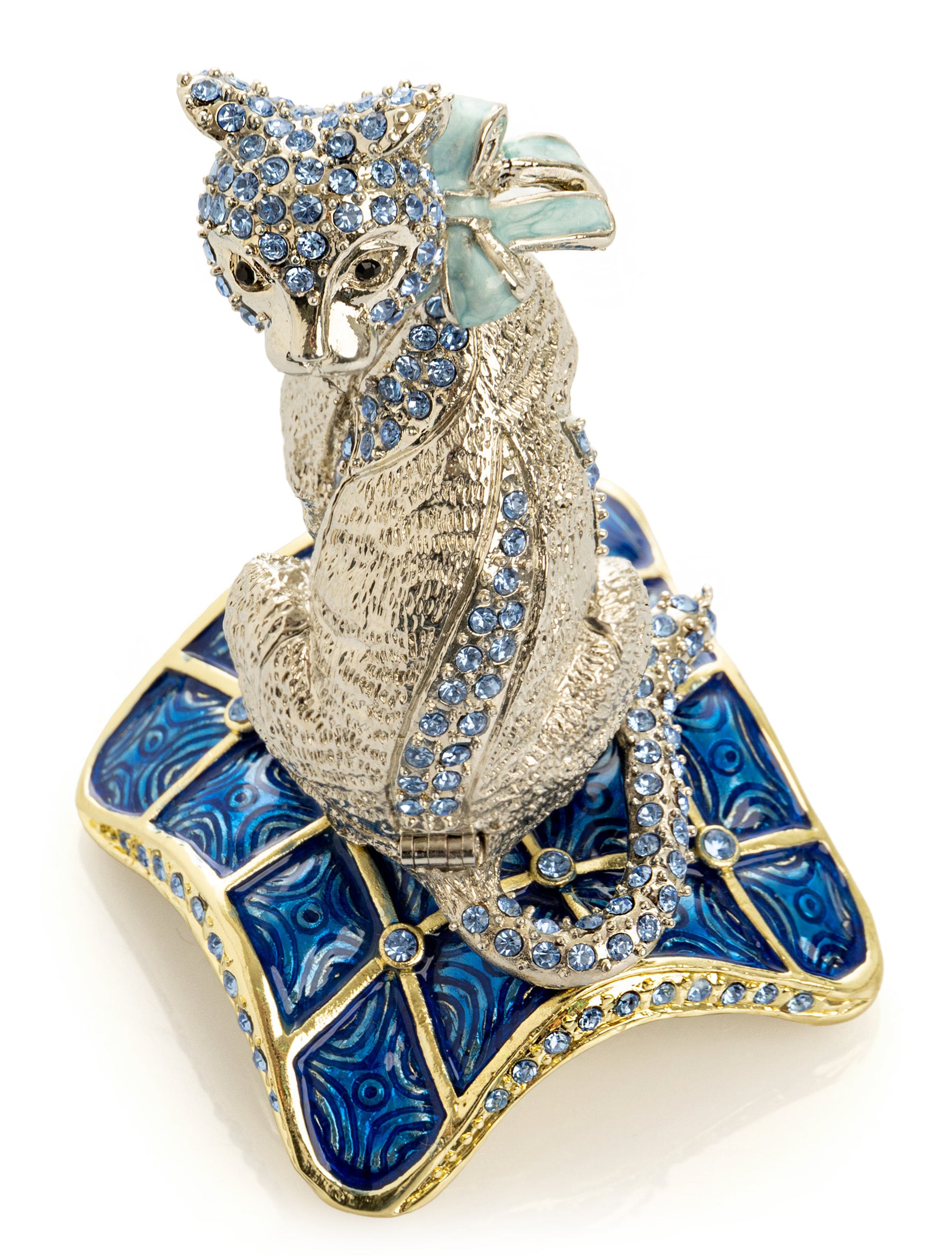 Elegant Silver Cat Trinket Box with Blue Crystals