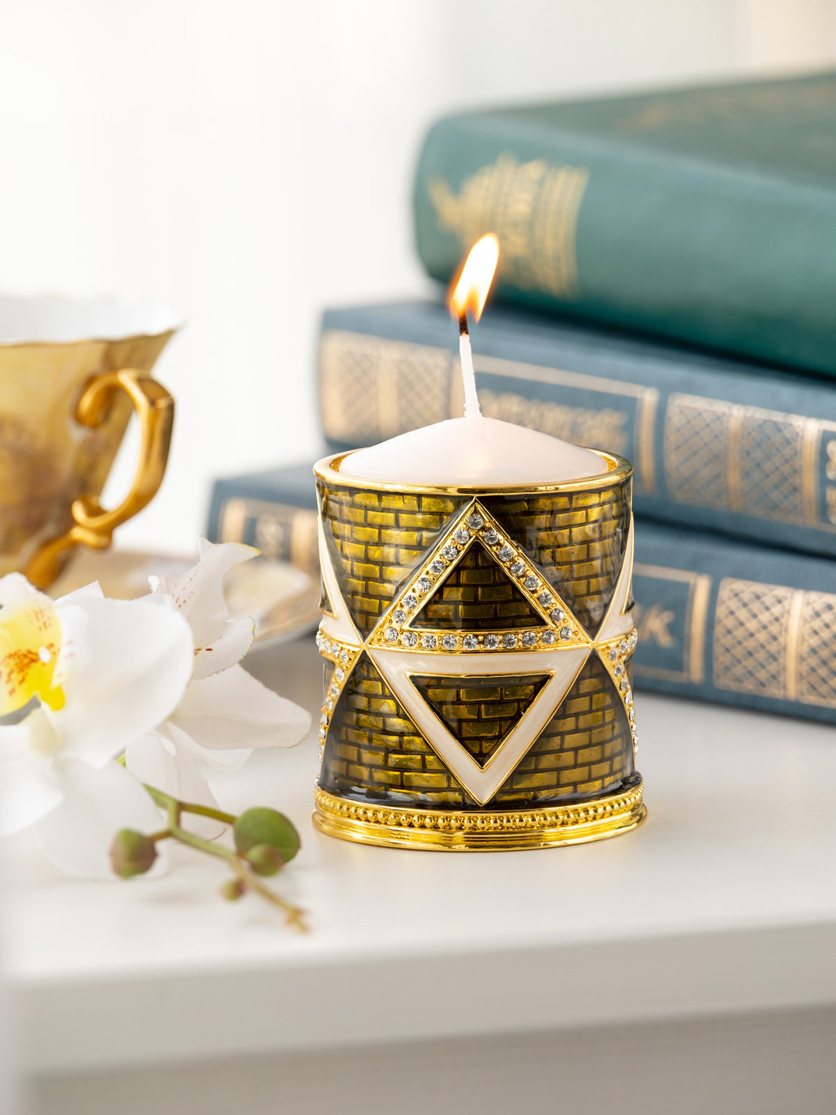 Keren Kopal Golden Brown Decorated Candle Holder with Triangles Pattern