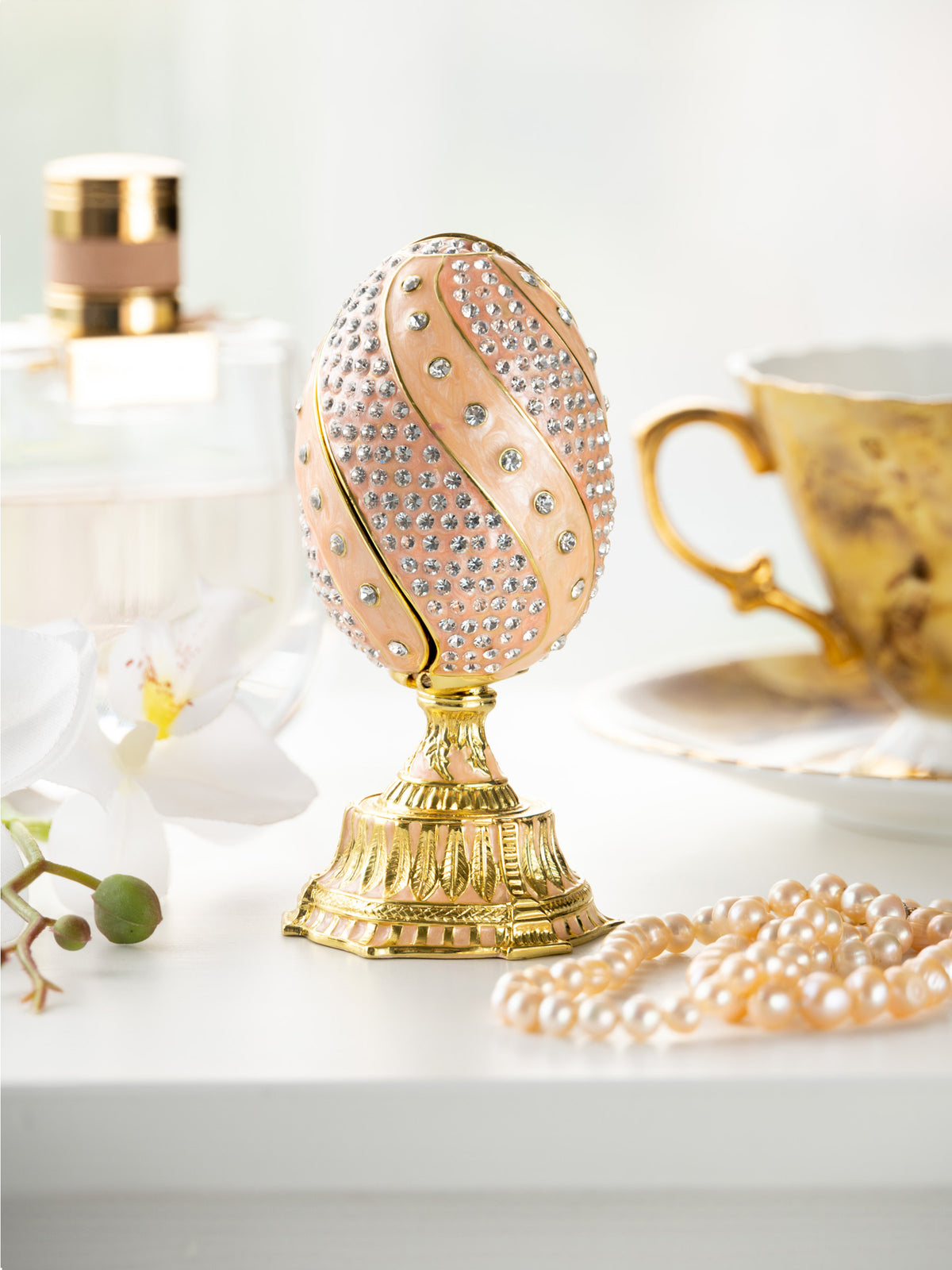 Keren Kopal Spiral Salmon Pink Faberge Egg with Flowers Bouquet