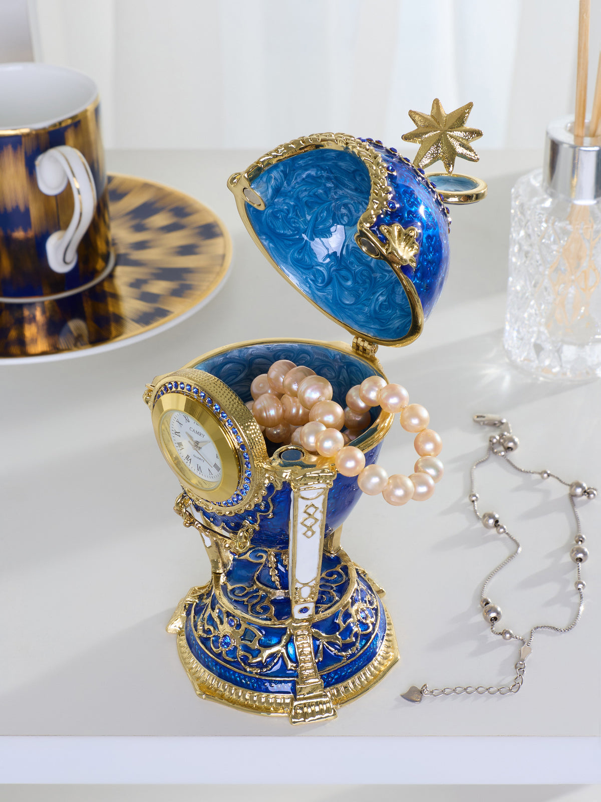 Royal Blue & Gold Clock Egg Trinket Box with Secret Compartment & Detachable Star