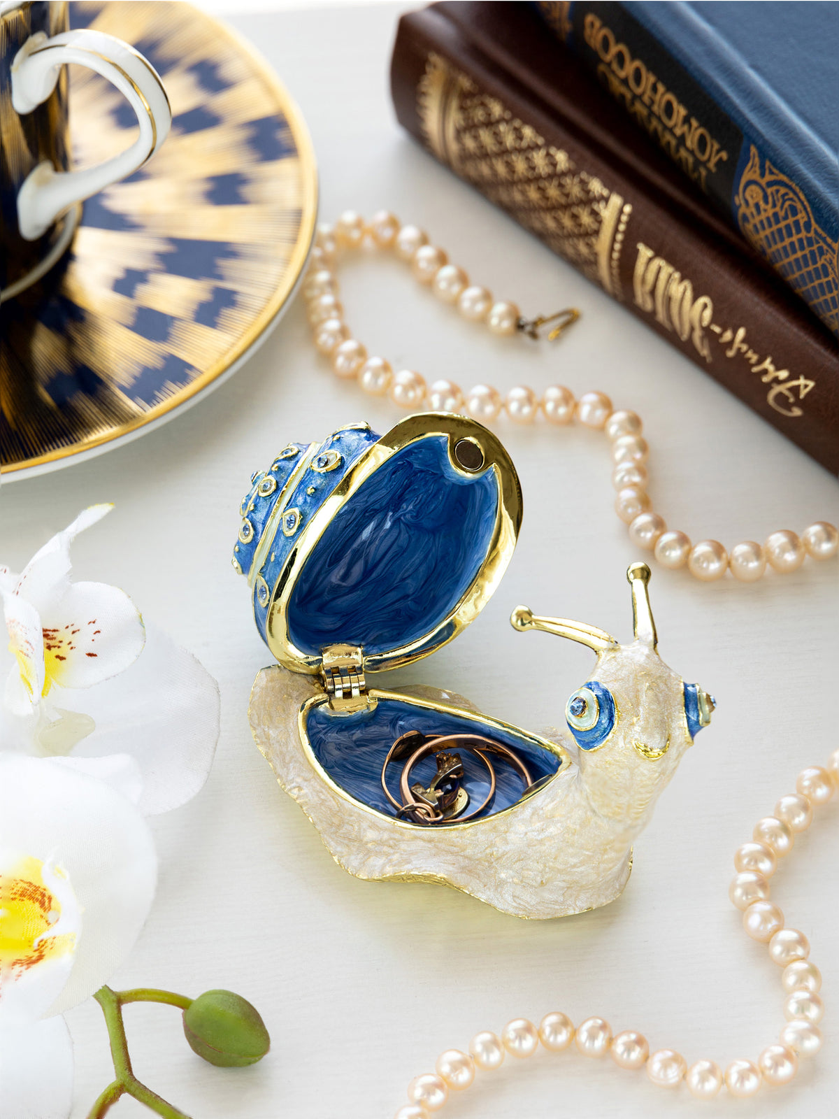 Keren Kopal Gold & Blue Jeweled Snail Trinket Box