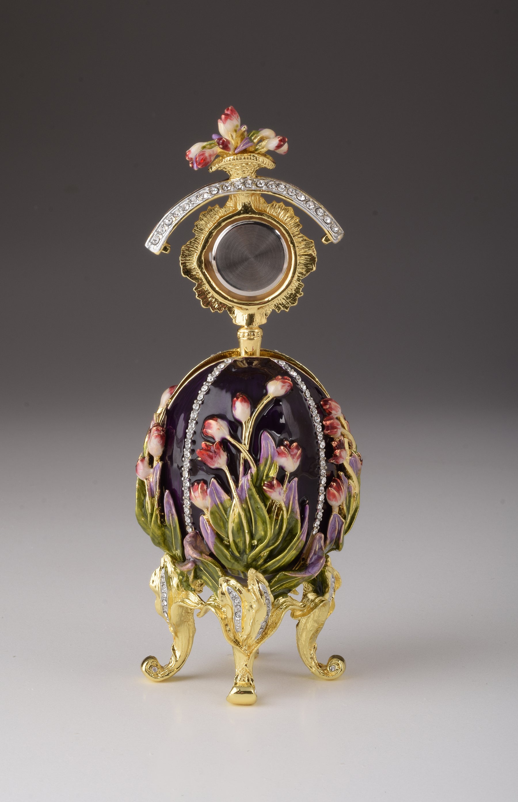Keren Kopal Purple tulip Egg Trinket Box & Clock Russian Egg