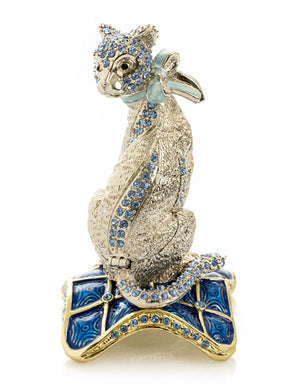 Elegant Silver Cat Trinket Box with Blue Crystals