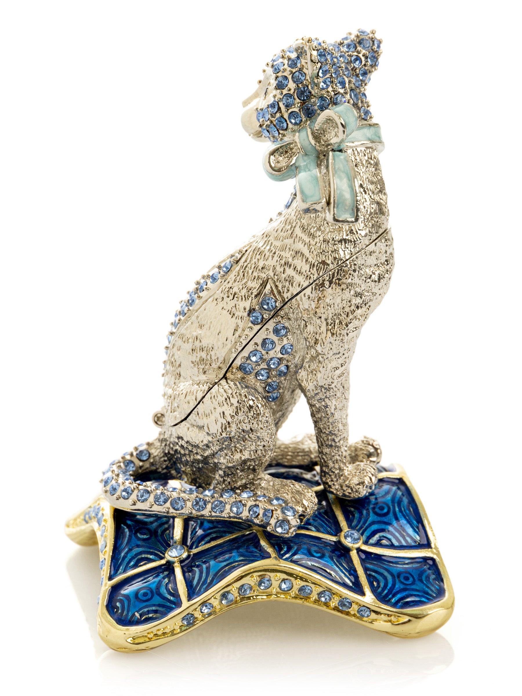 Keren Kopal Elegant Silver Cat Trinket Box with Blue Crystals