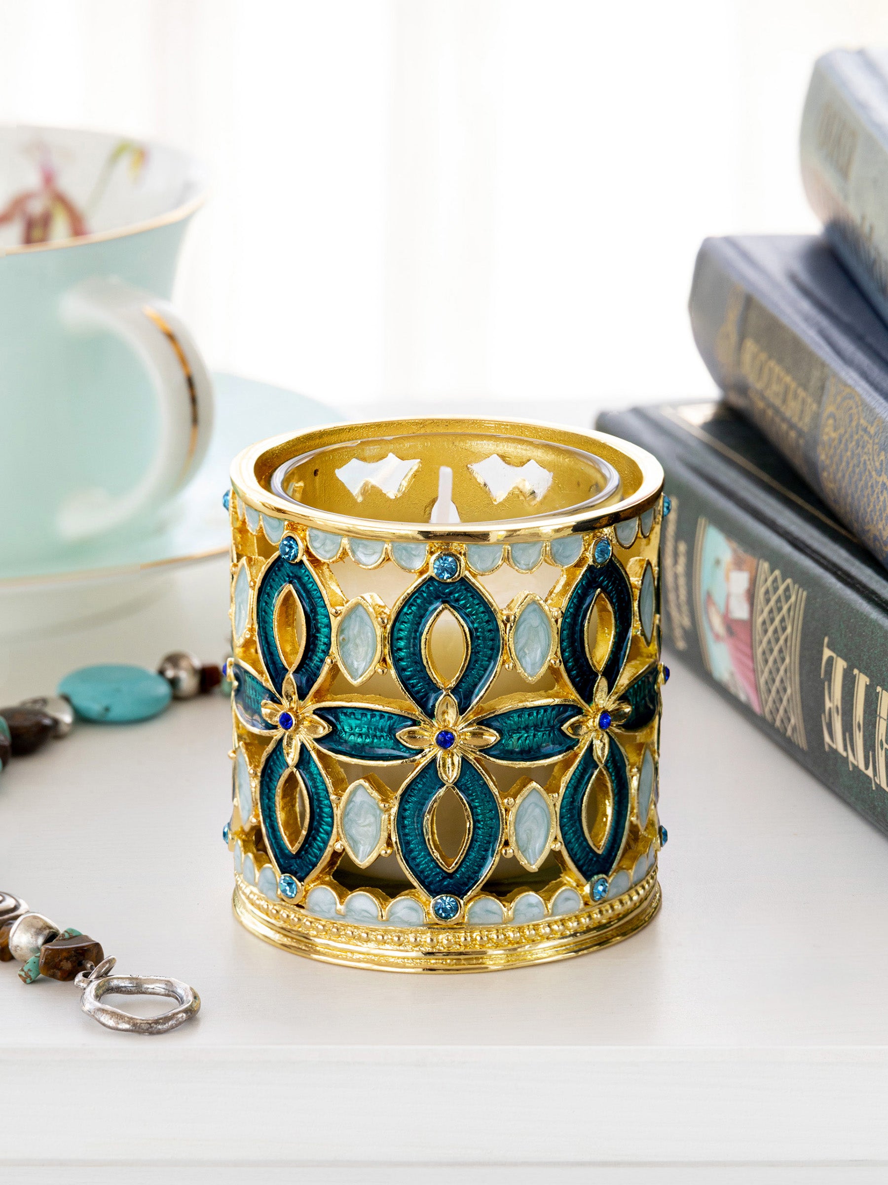Keren Kopal Golden Blue Decorated Candle Holder
