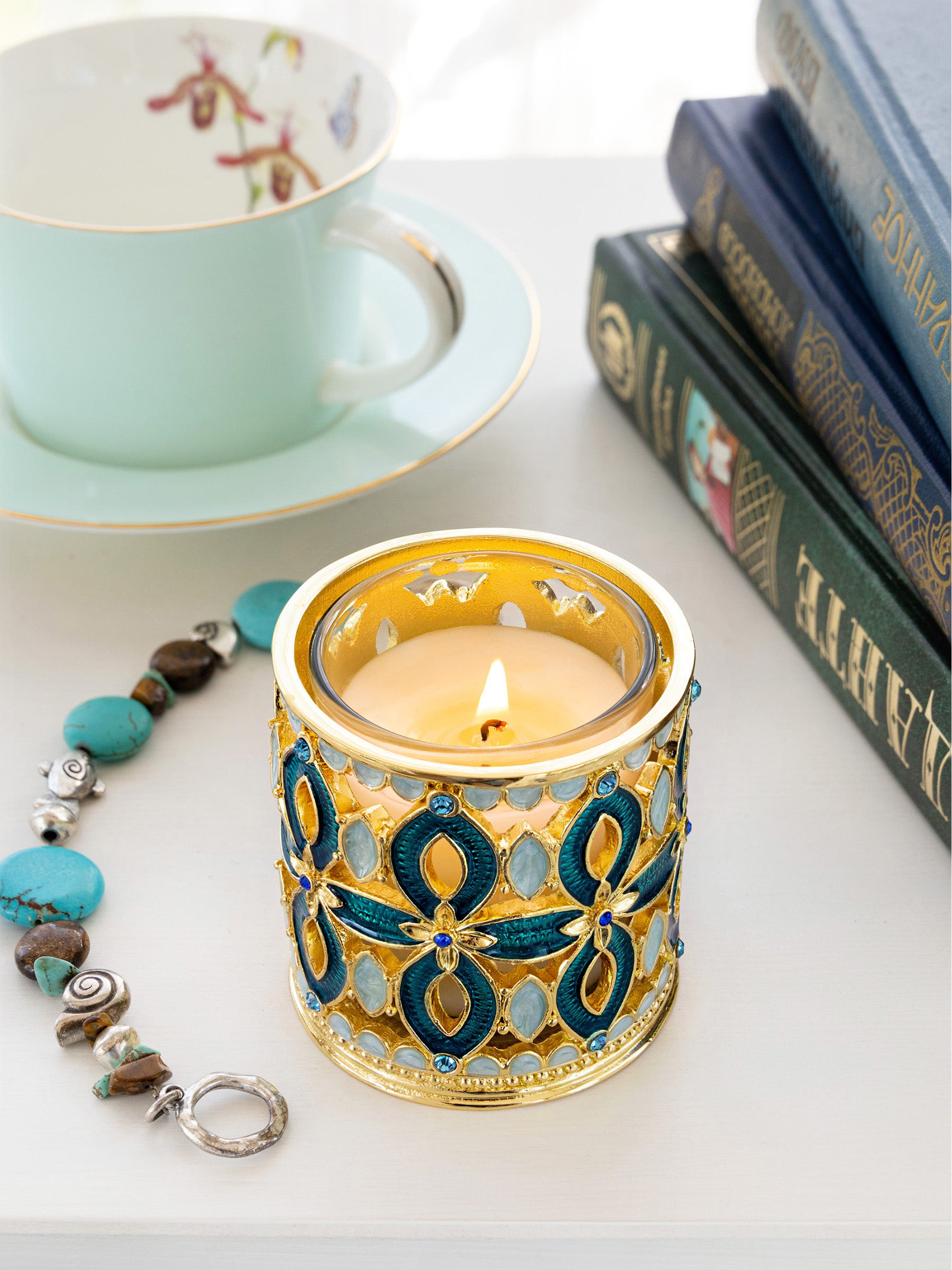 Keren Kopal Golden Blue Decorated Candle Holder