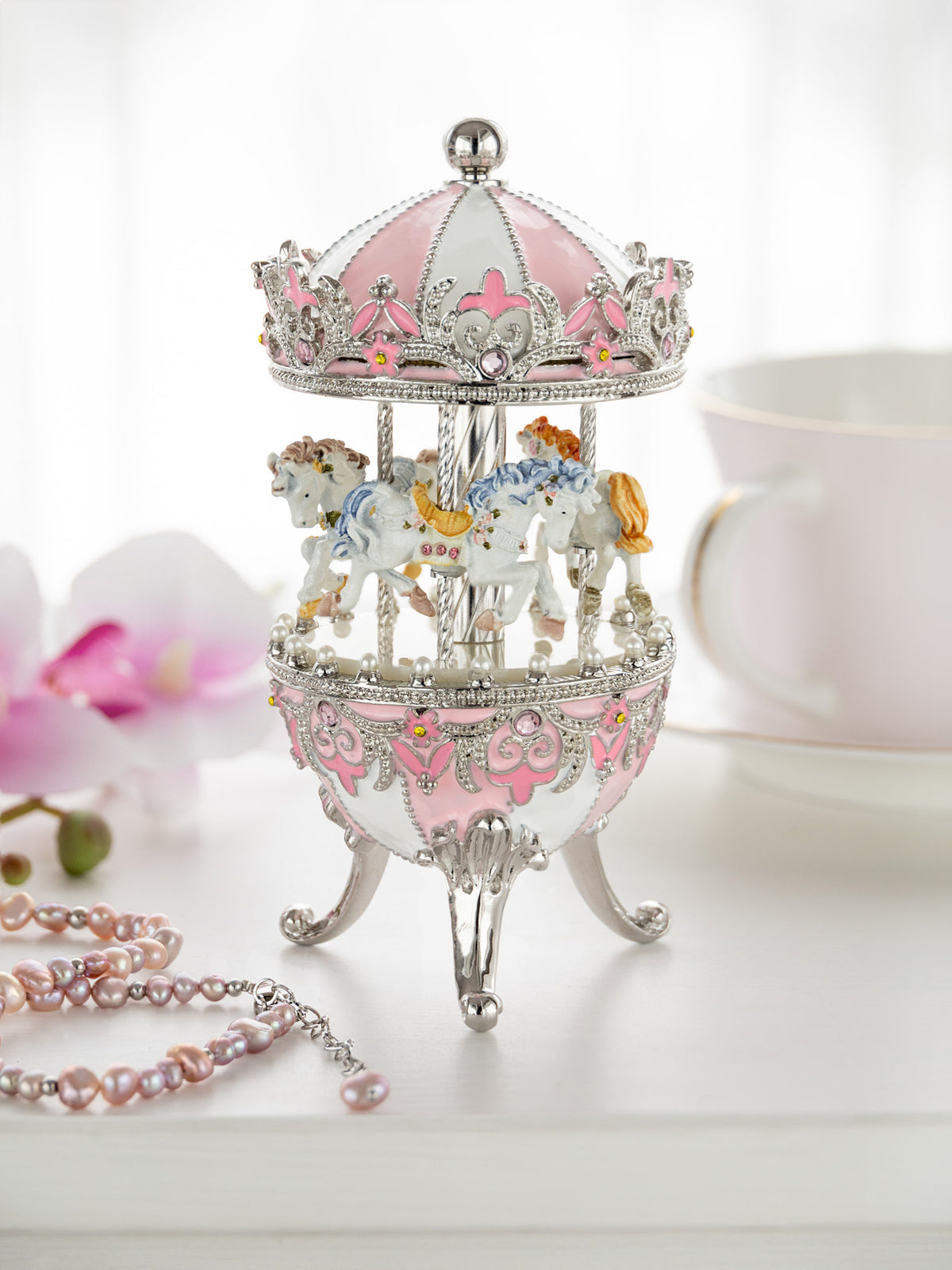 Keren Kopal Pink Faberge Egg with Wind up Horse Carousel