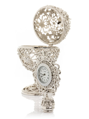 Keren Kopal Silver Faberge Egg with Clock Inside