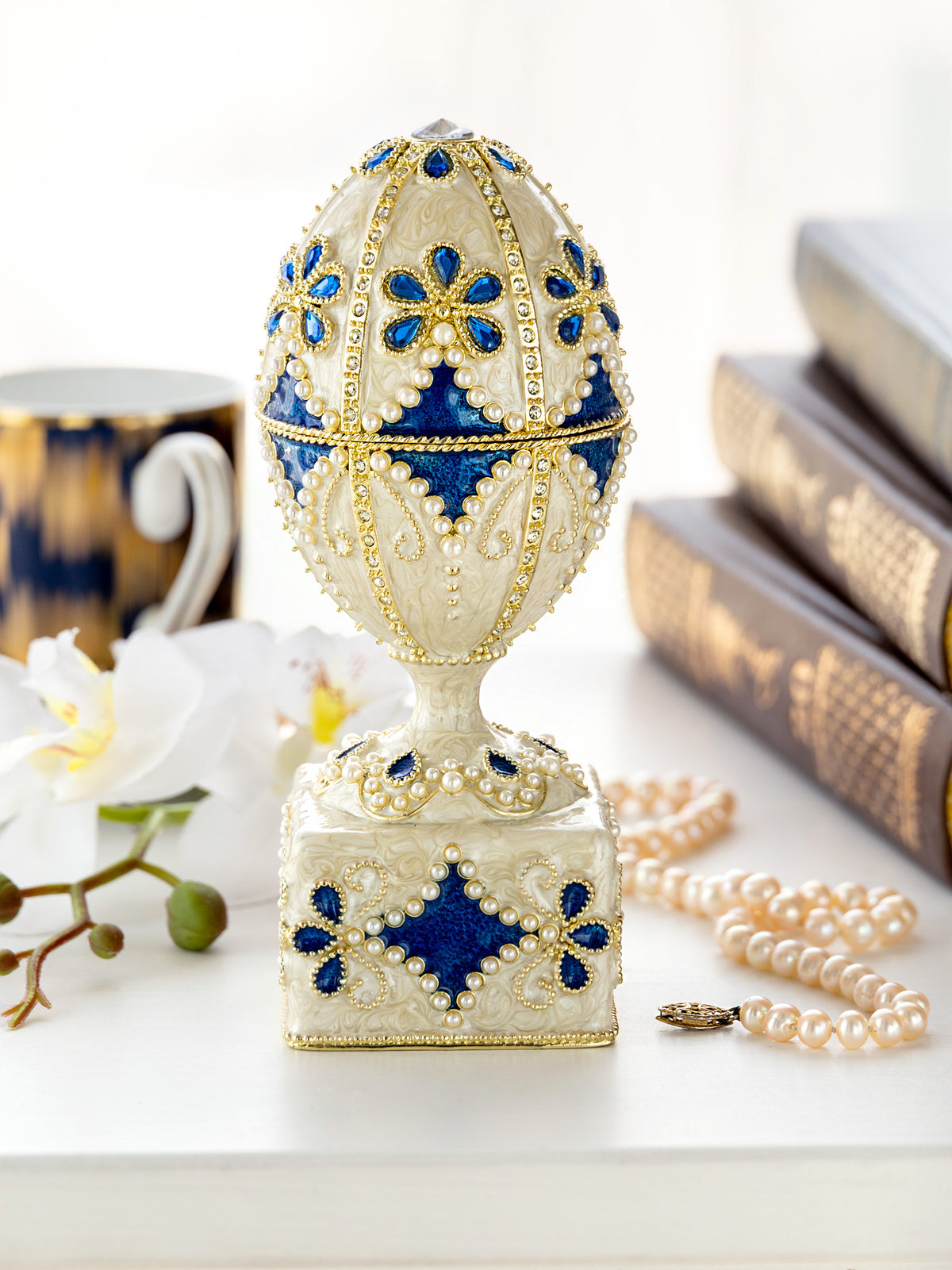 Pearl Beige Faberge Egg with Swan Hidden compartment