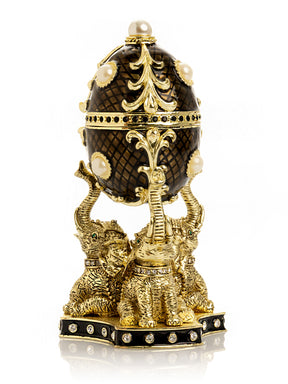 Keren Kopal Regal Brown and Gold Enamel Egg with Elephant Pedestal