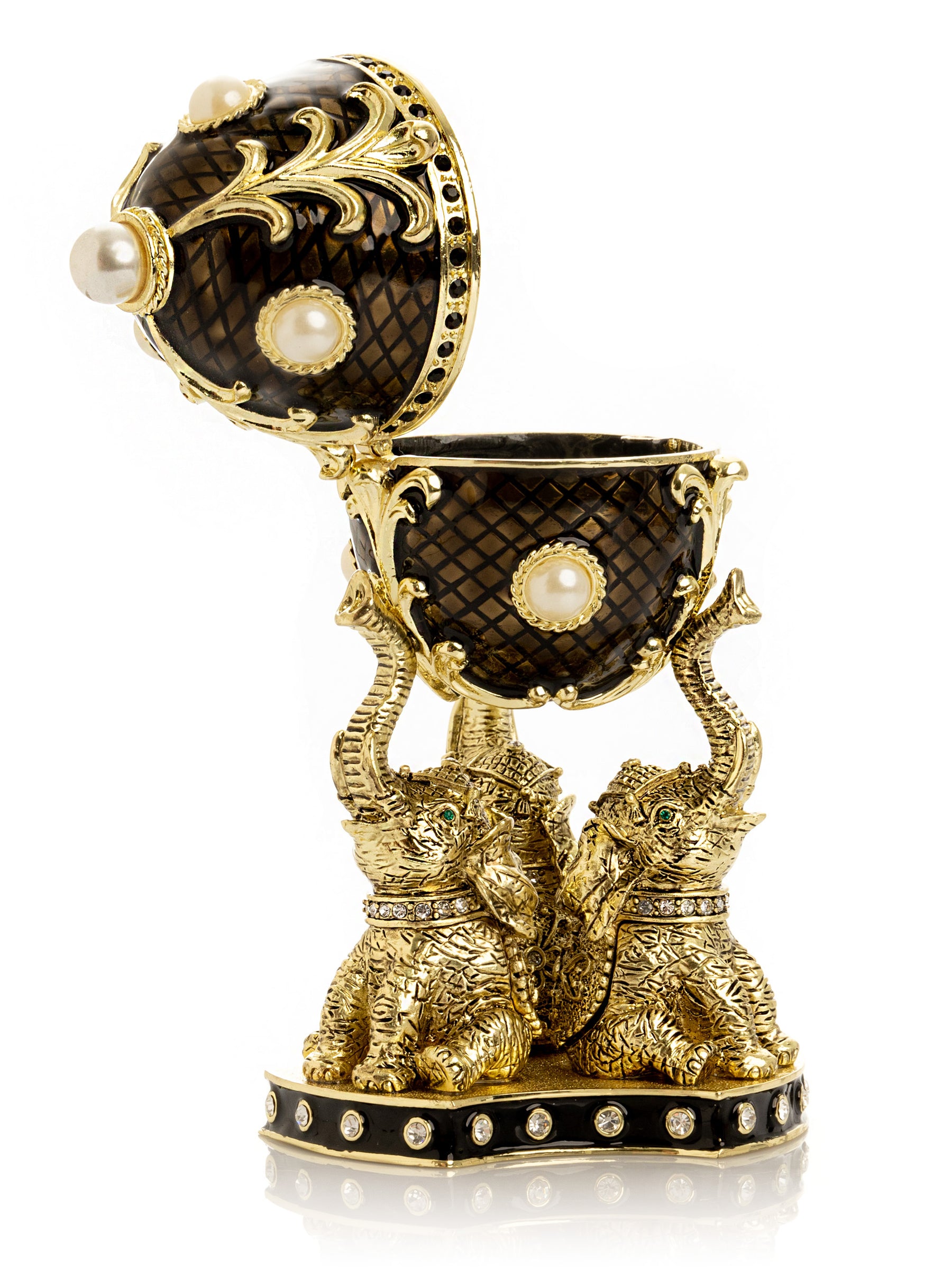 Keren Kopal Regal Brown and Gold Enamel Egg with Elephant Pedestal