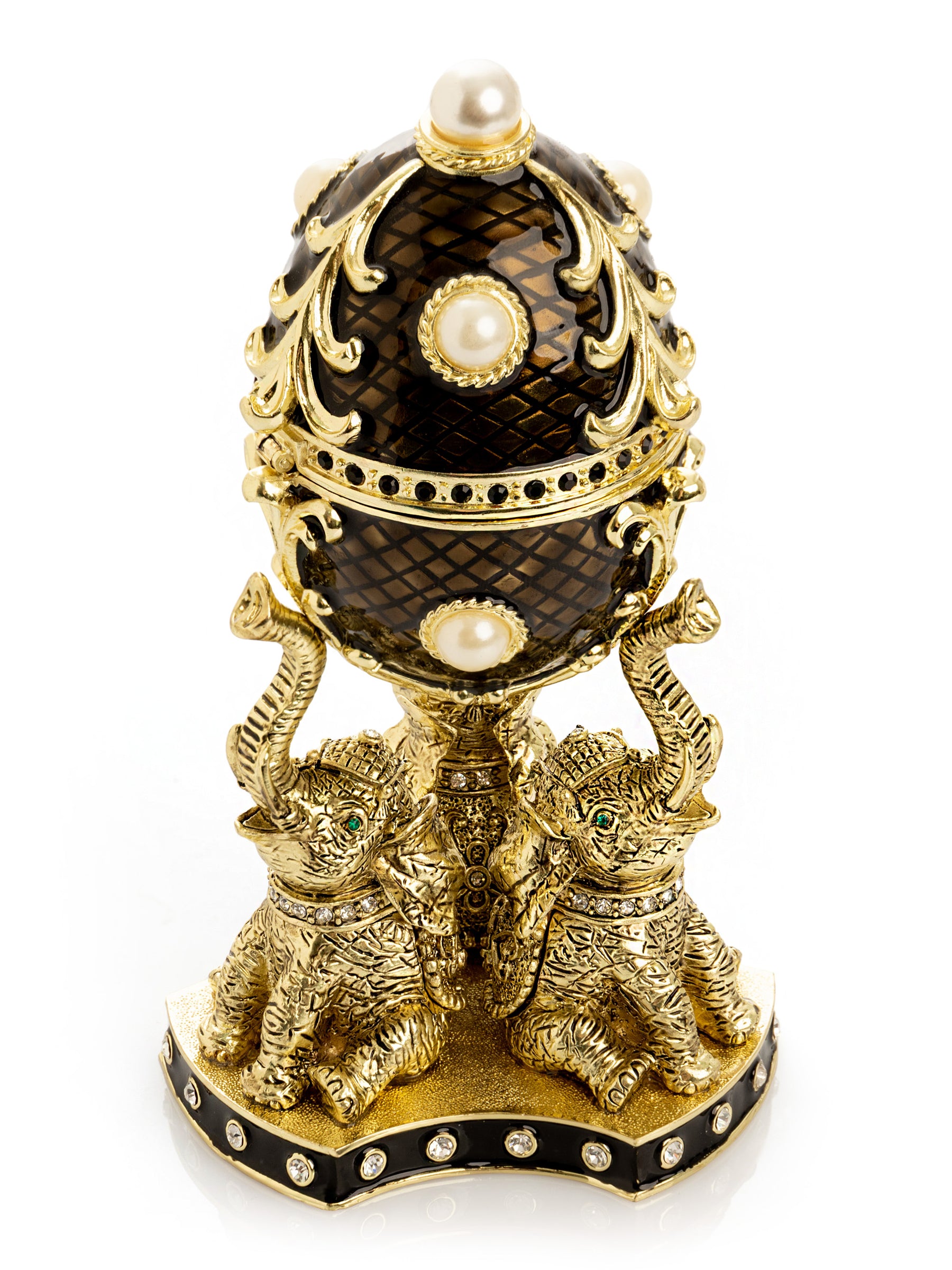 Keren Kopal Regal Brown and Gold Enamel Egg with Elephant Pedestal