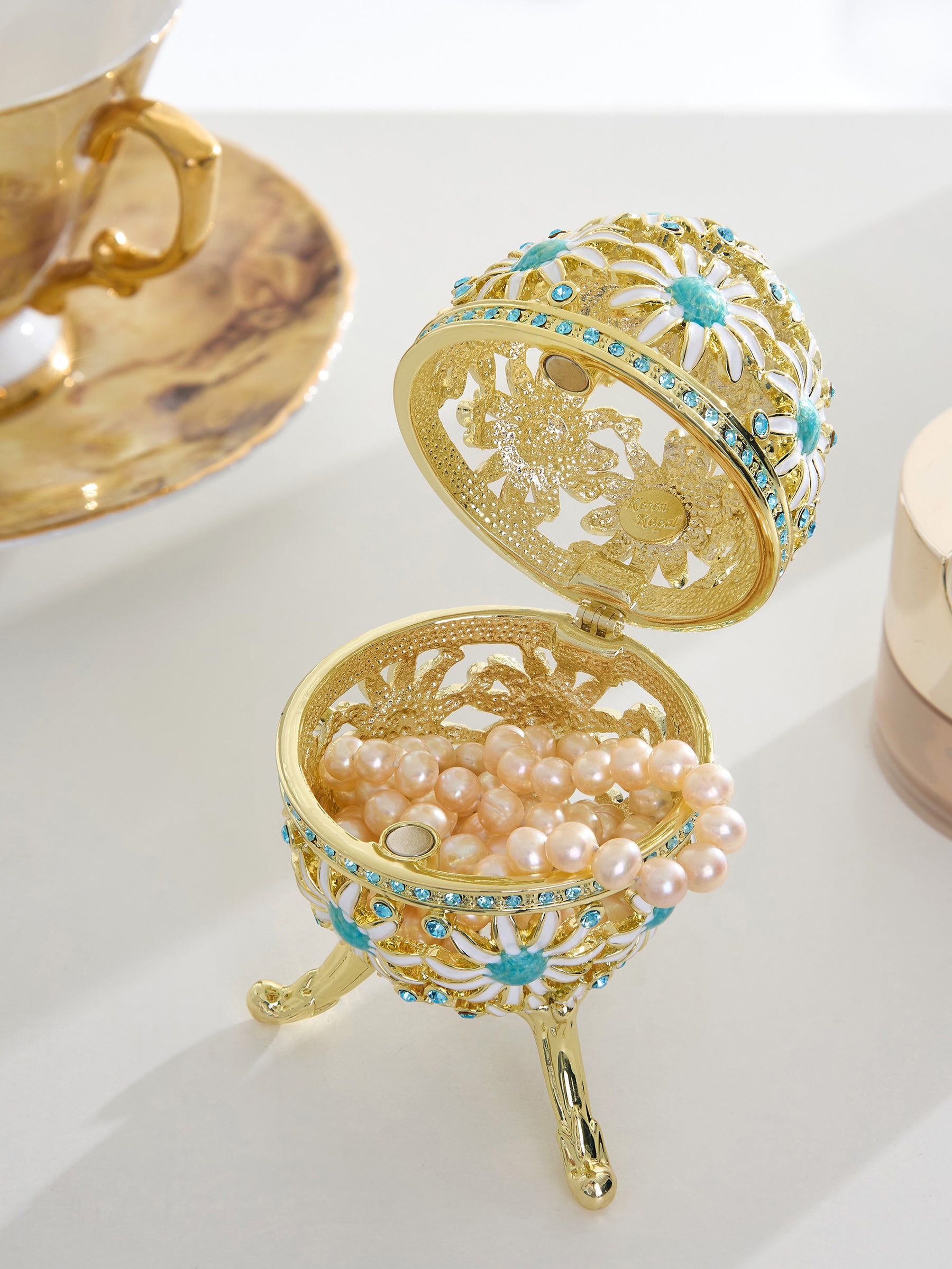 Keren Kopal Gold Easter Egg with Blue and White Flowers