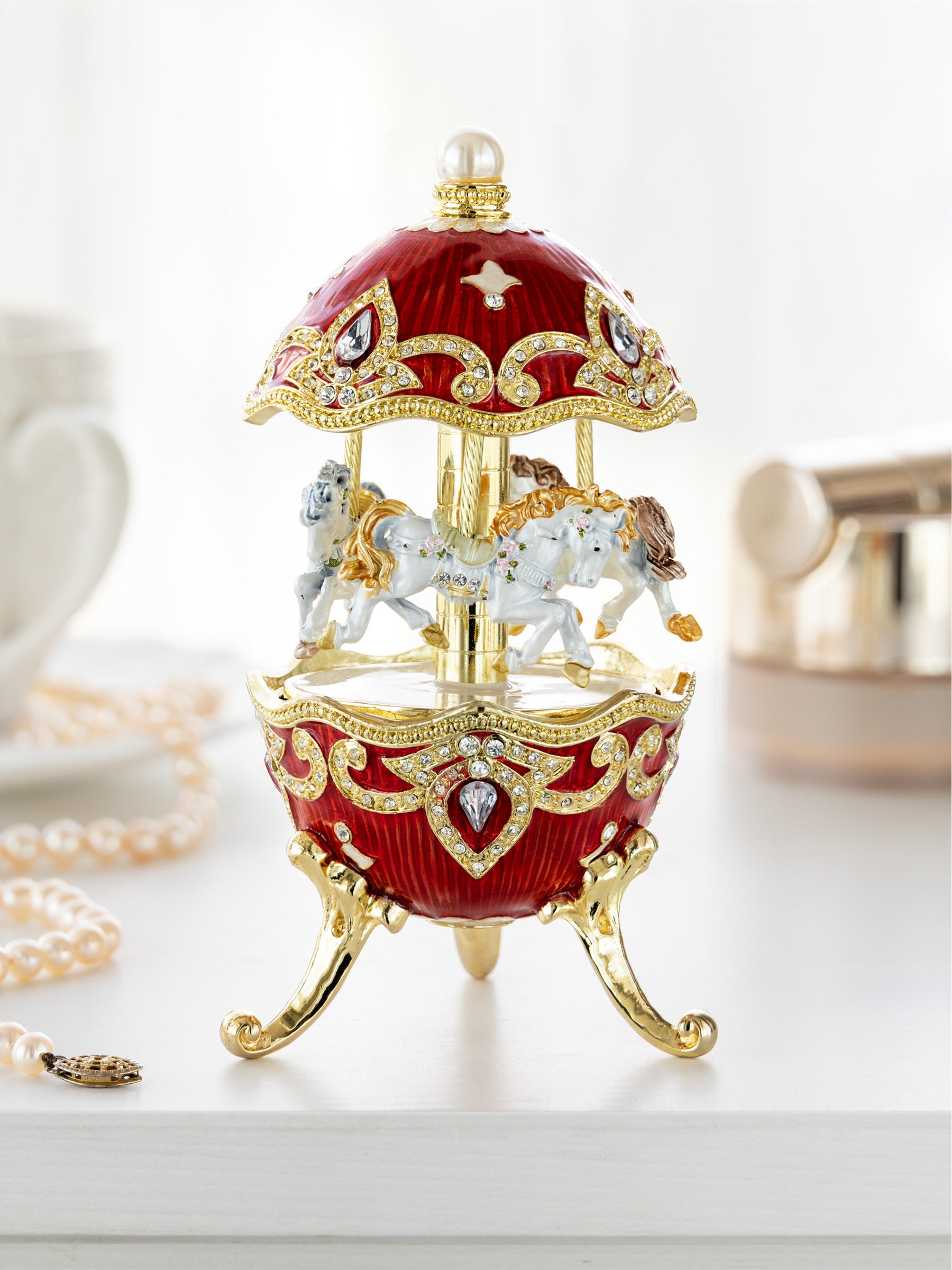 Keren Kopal Red Wind up Horse Carousel Faberge Style Egg