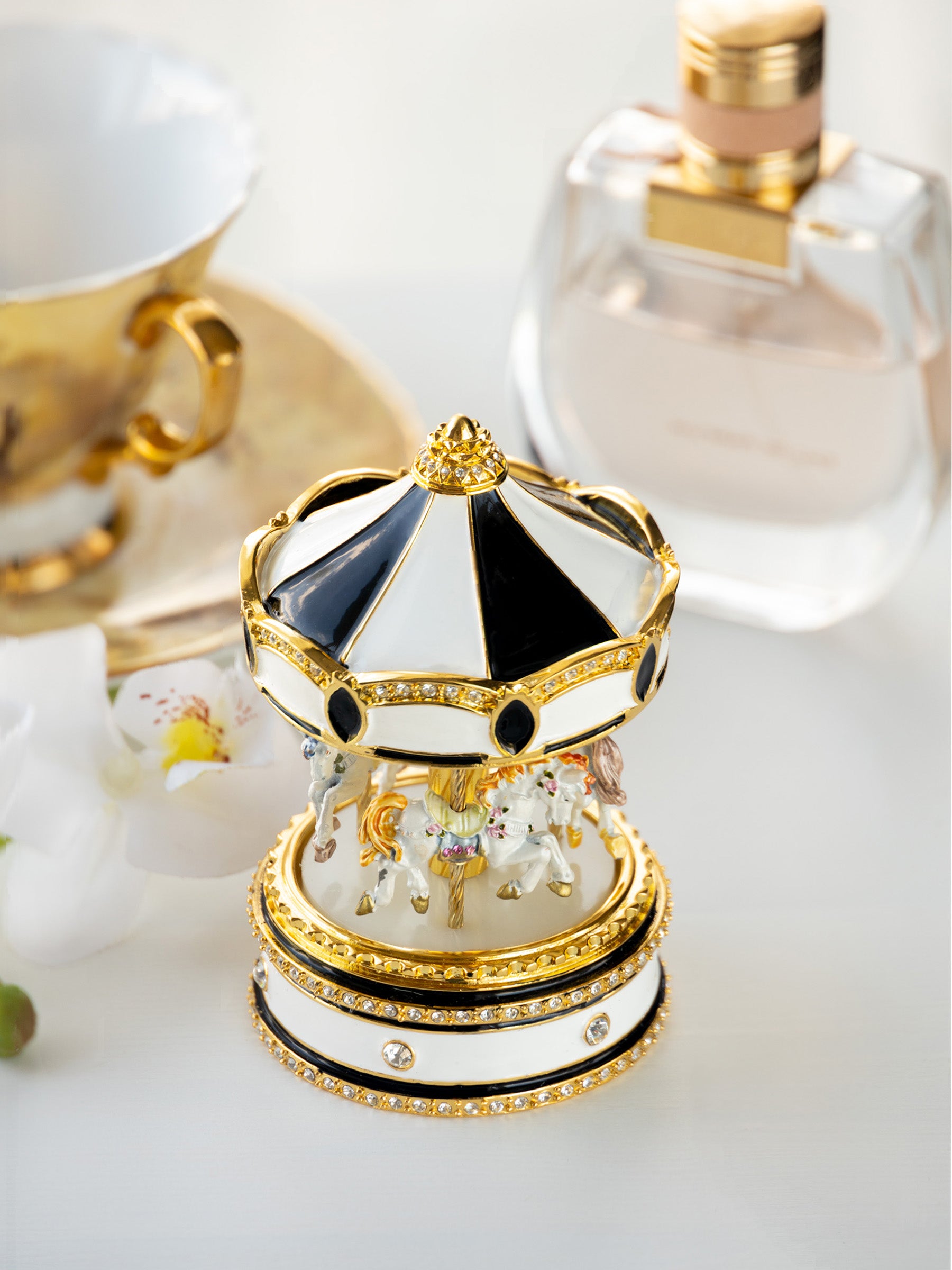 Black Musical Carousel with Spinning Royal Horses