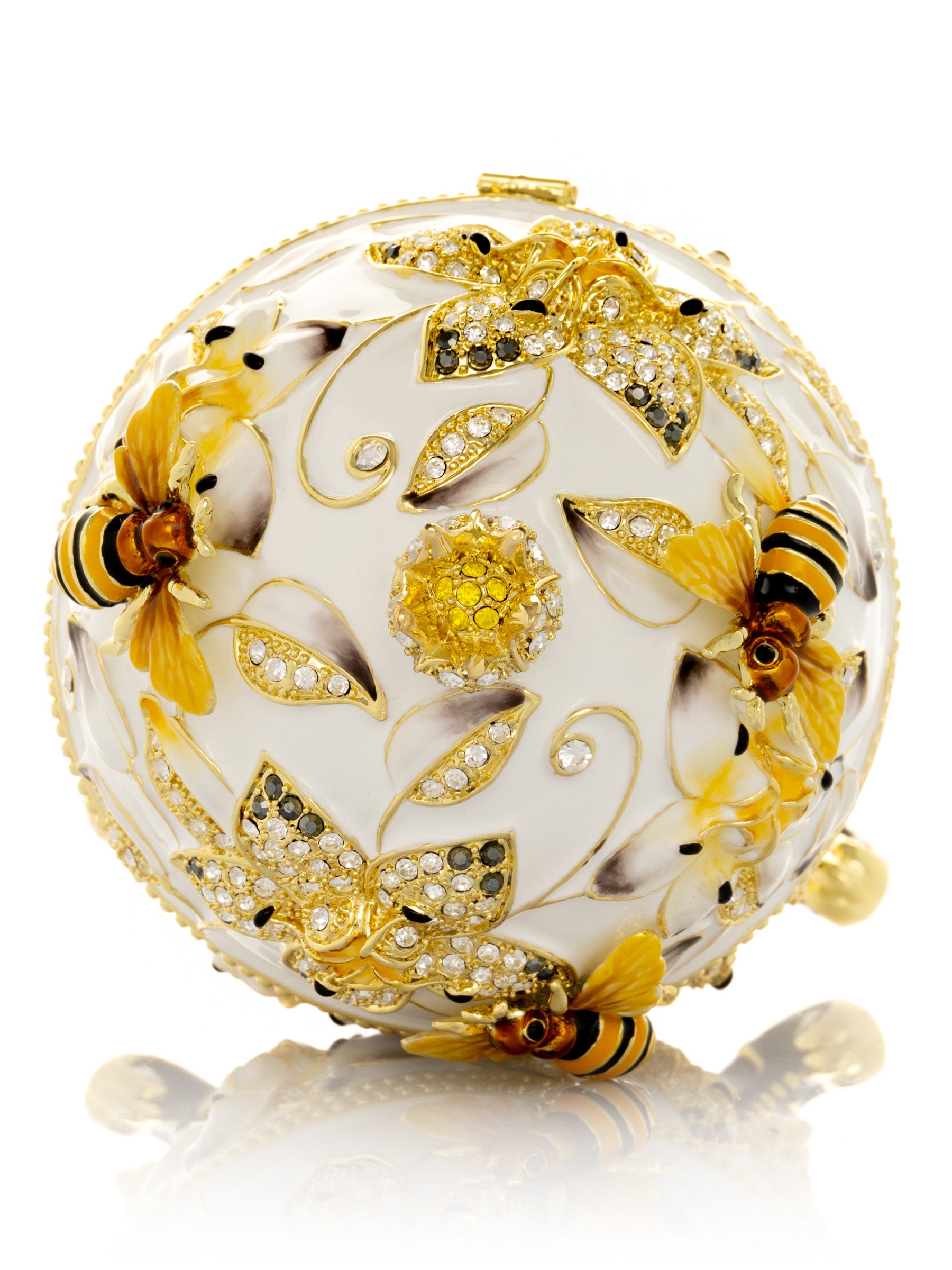 White Faberge Egg with Bees and Flowers