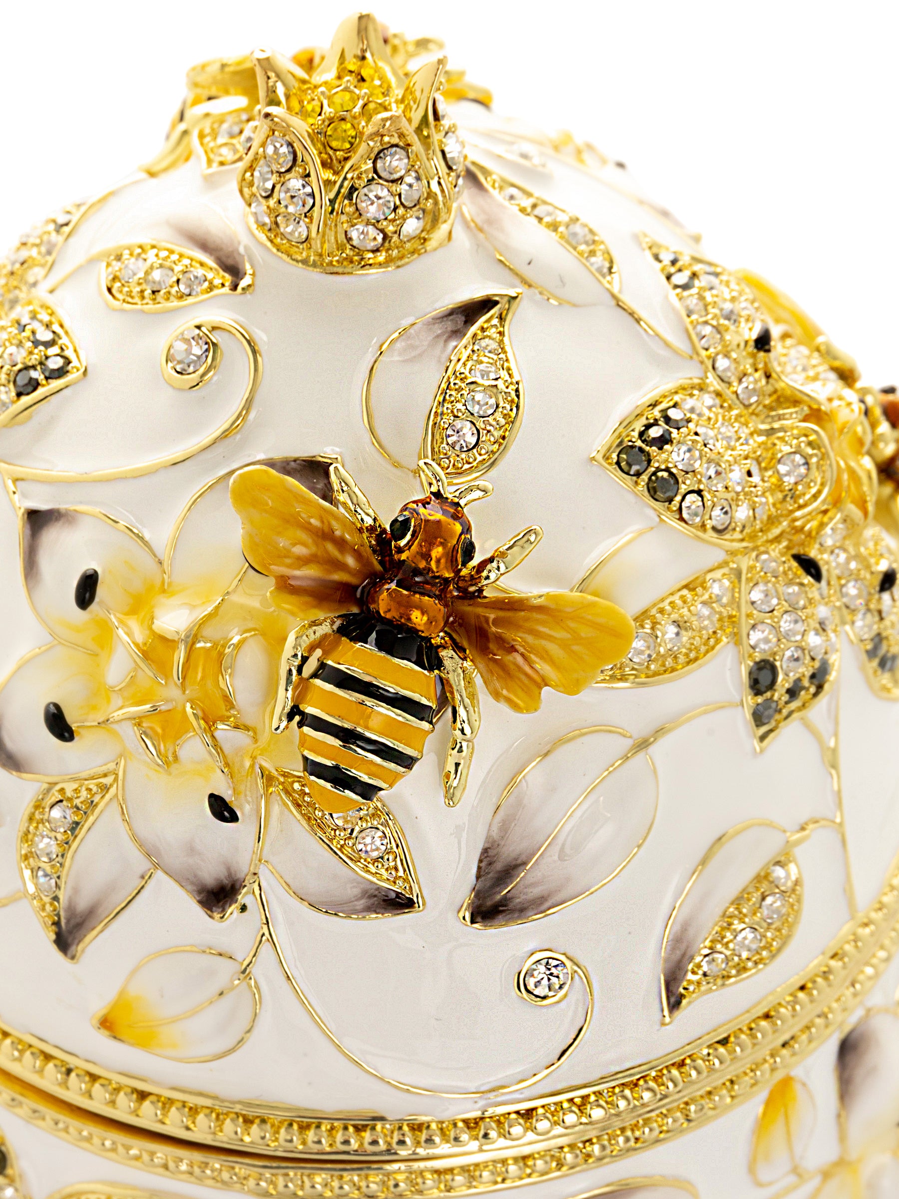 White Faberge Egg with Bees and Flowers