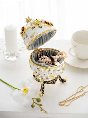 White Faberge Egg with Bees and Flowers