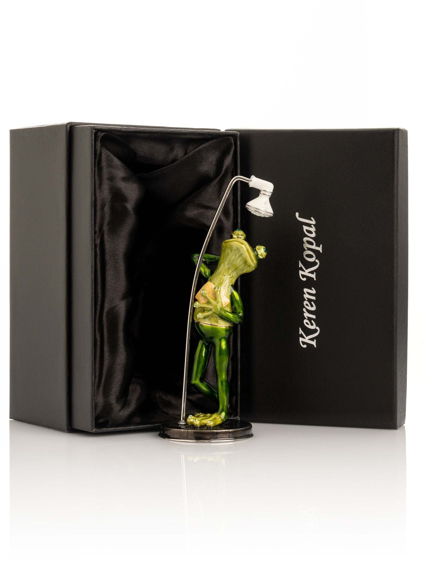 Keren Kopal Green Frog in Shower Faberge Style Trinket Box