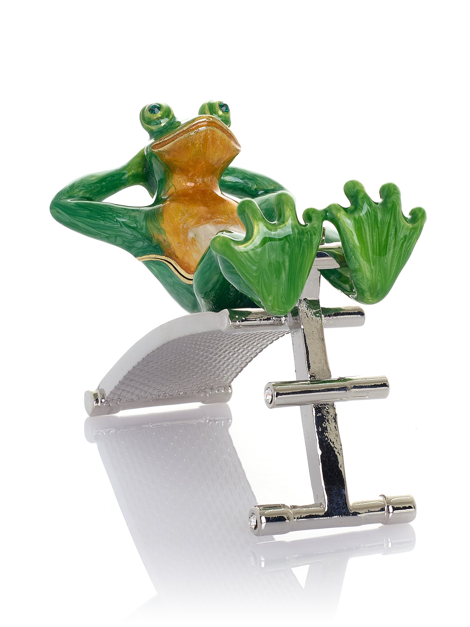 Keren Kopal Grüner Frosch beim Training auf der Bank Schmuckkästchen