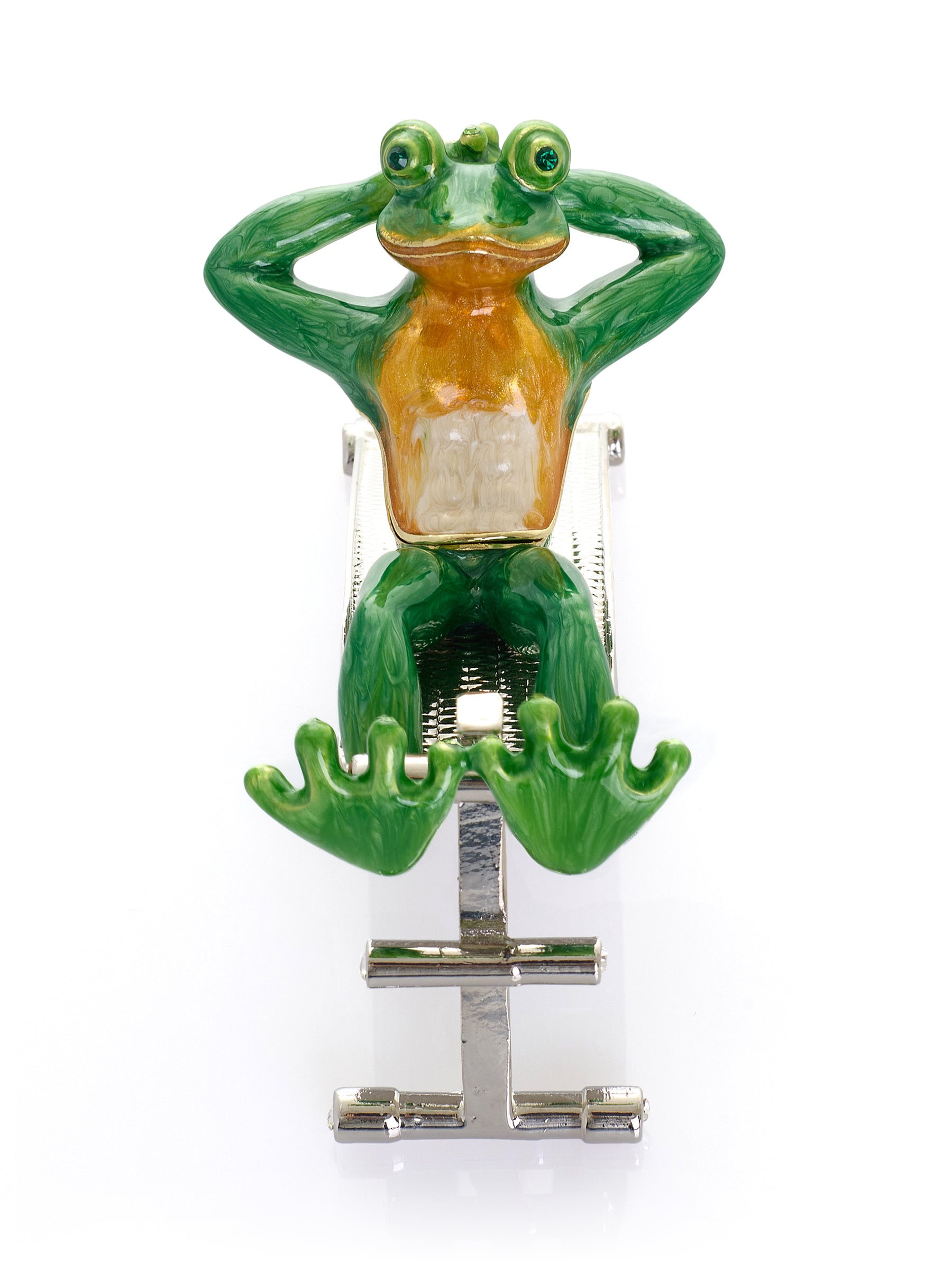 Keren Kopal Grüner Frosch beim Training auf der Bank Schmuckkästchen