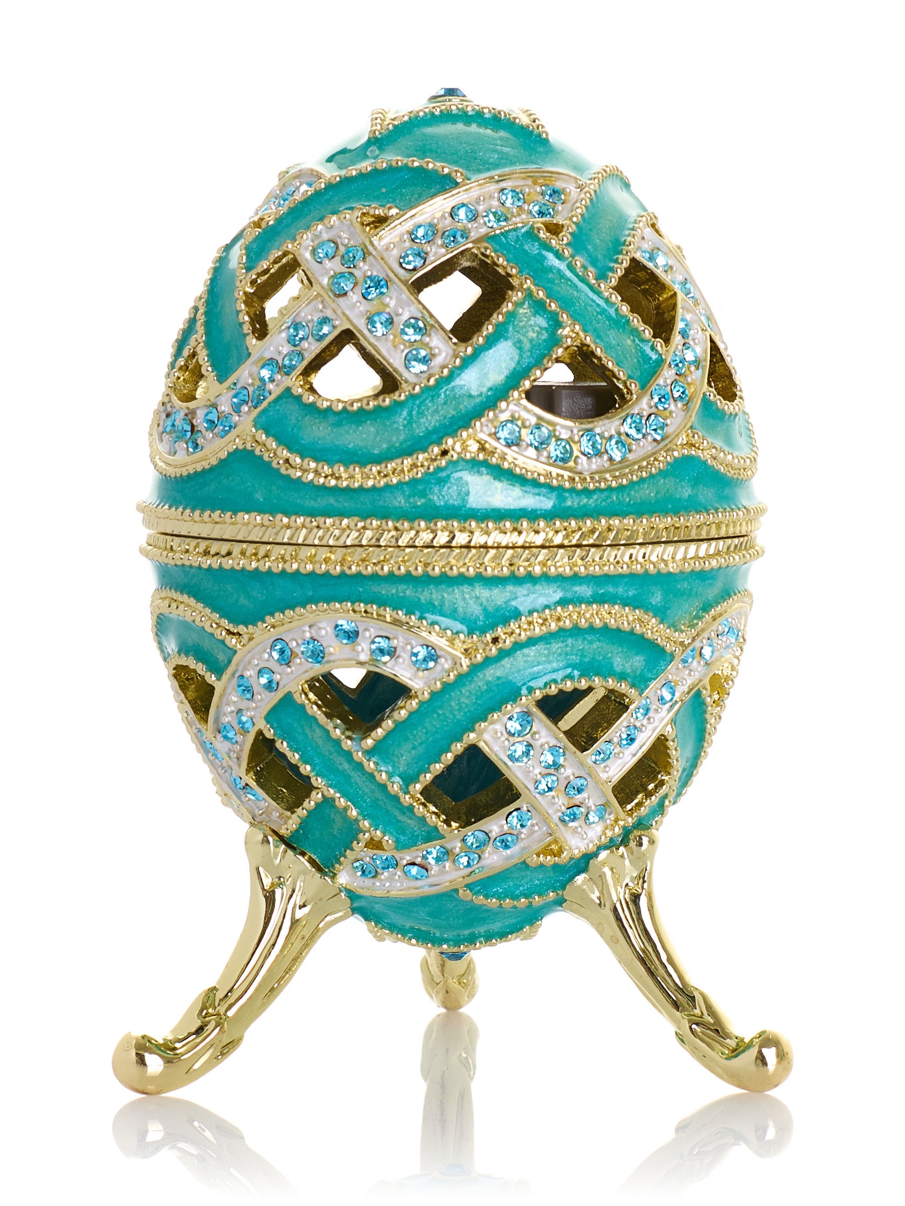 Boîte à bijoux musicale œuf à treillis turquoise tissé - Le Lac des Cygnes de Tchaïkovski