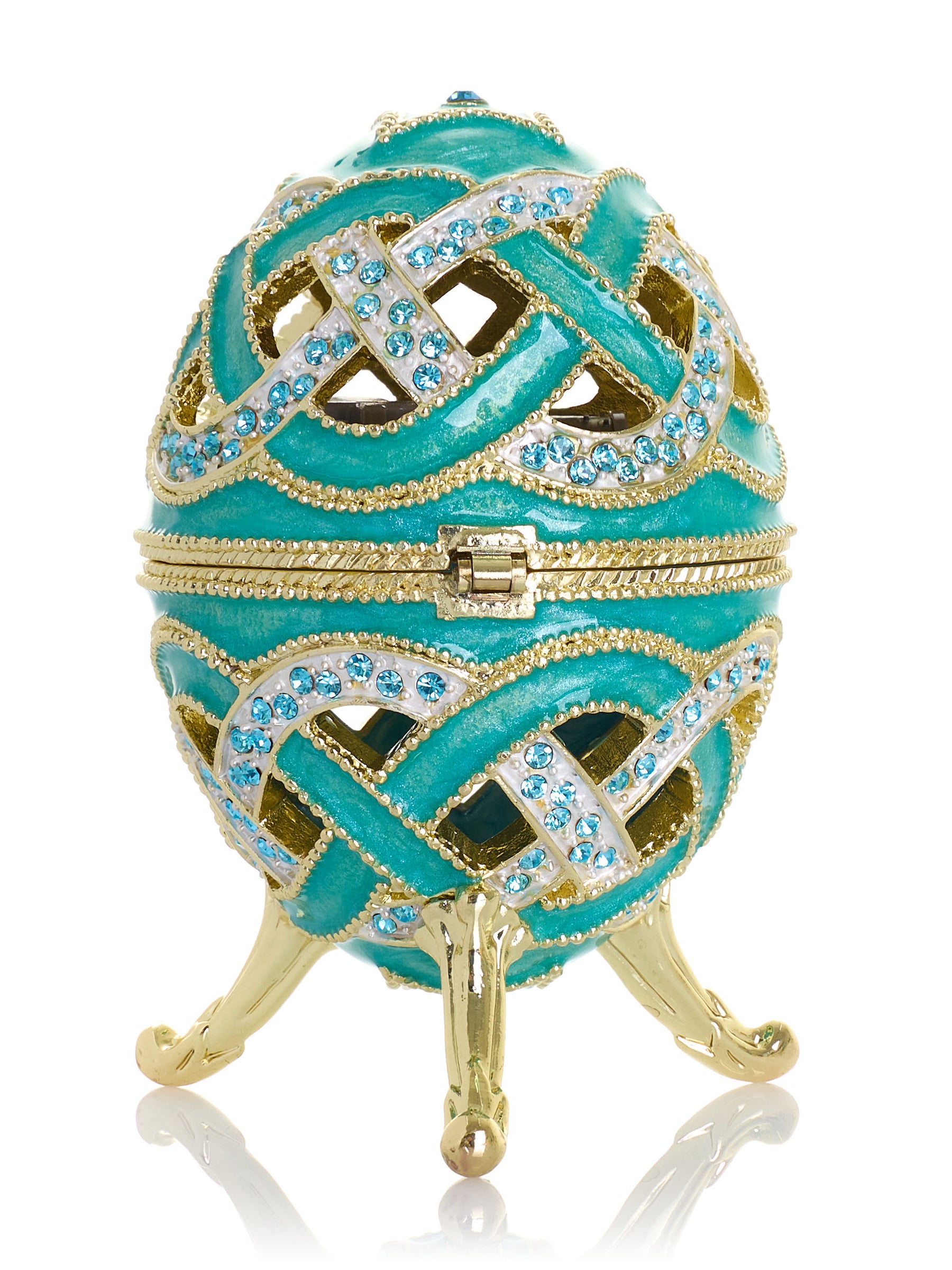 Boîte à bijoux musicale œuf à treillis turquoise tissé - Le Lac des Cygnes de Tchaïkovski