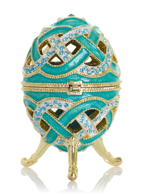 Boîte à bijoux musicale œuf à treillis turquoise tissé - Le Lac des Cygnes de Tchaïkovski