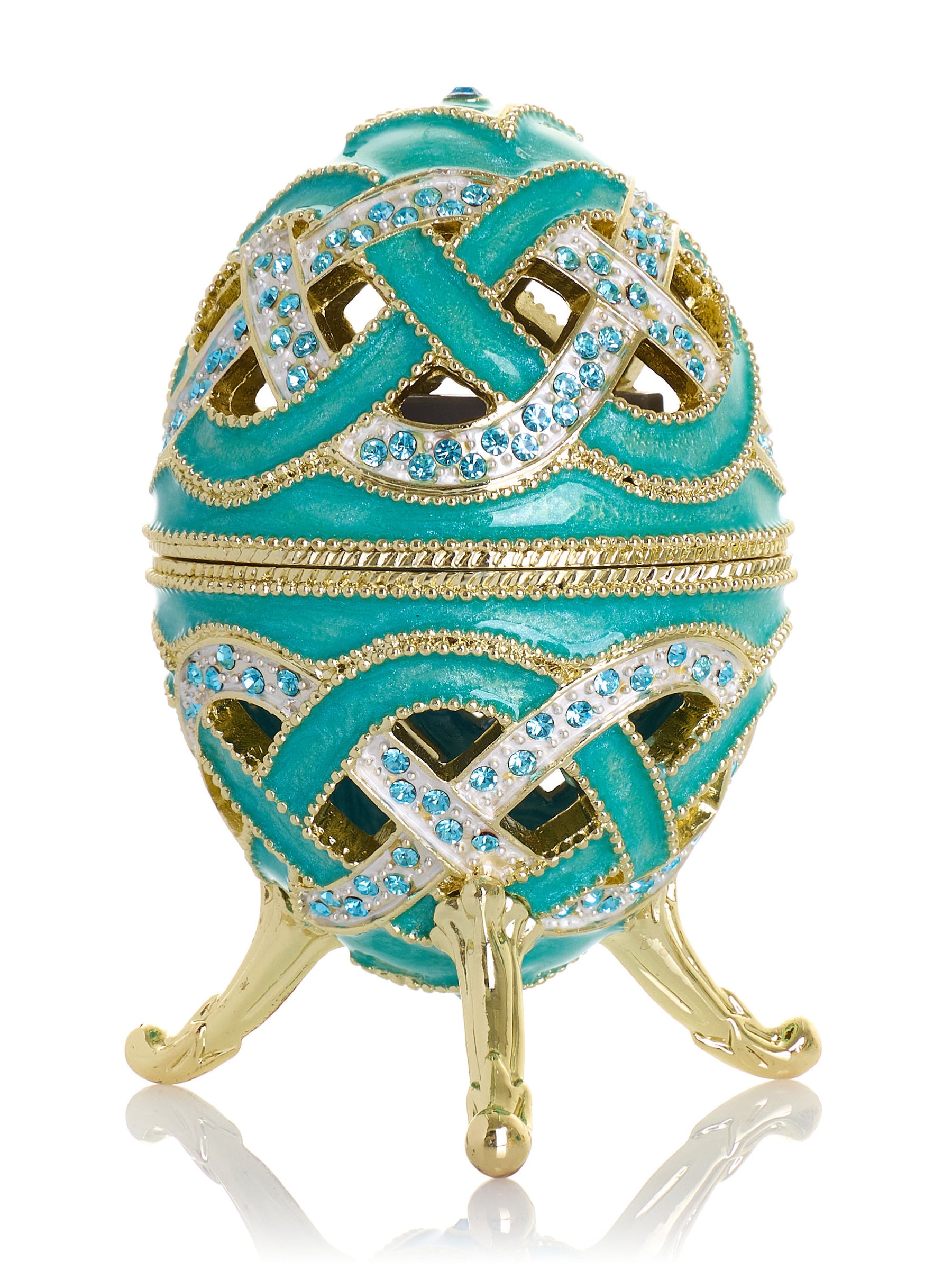 Boîte à bijoux musicale œuf à treillis turquoise tissé - Le Lac des Cygnes de Tchaïkovski
