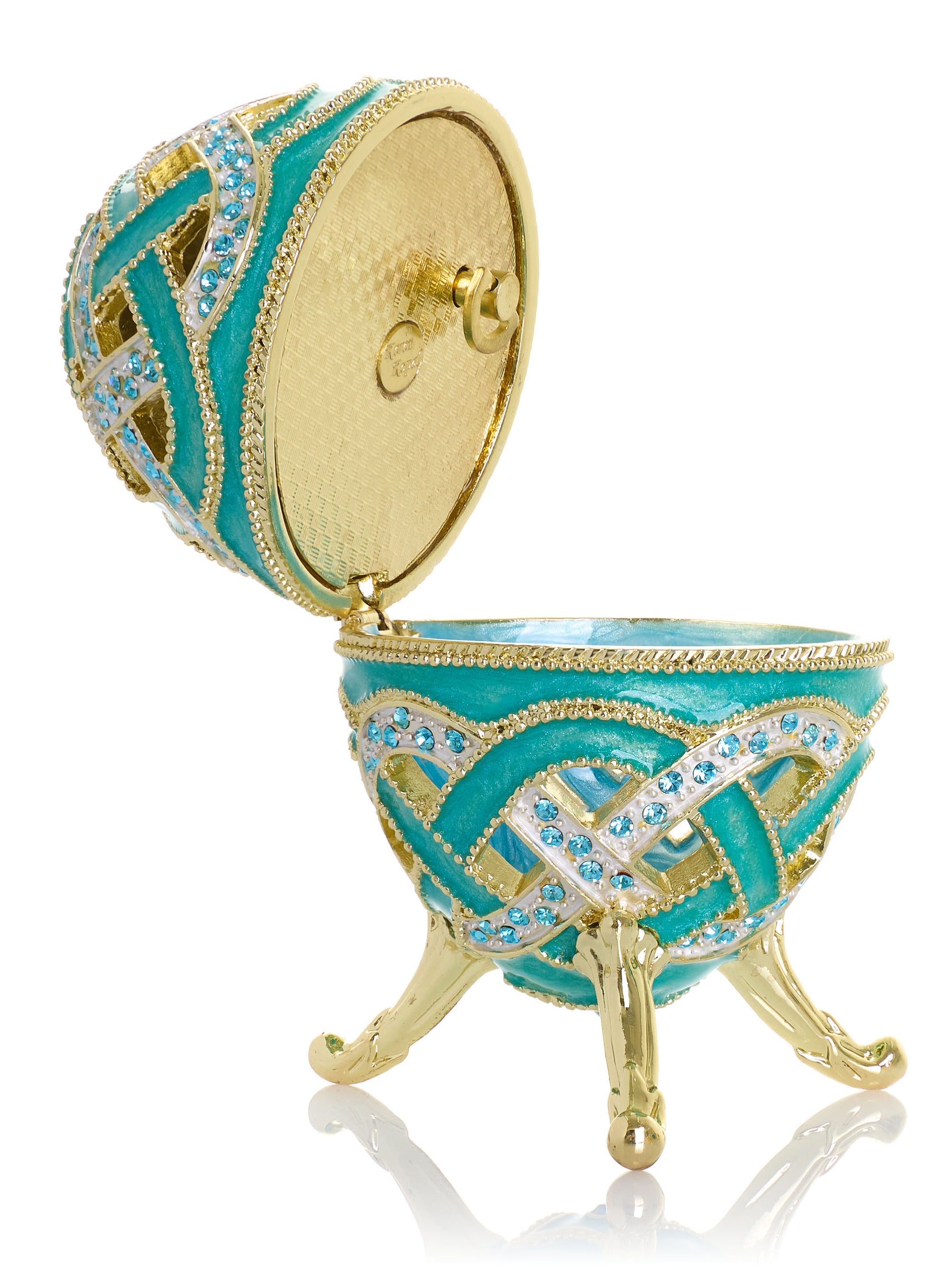 Boîte à bijoux musicale œuf à treillis turquoise tissé - Le Lac des Cygnes de Tchaïkovski