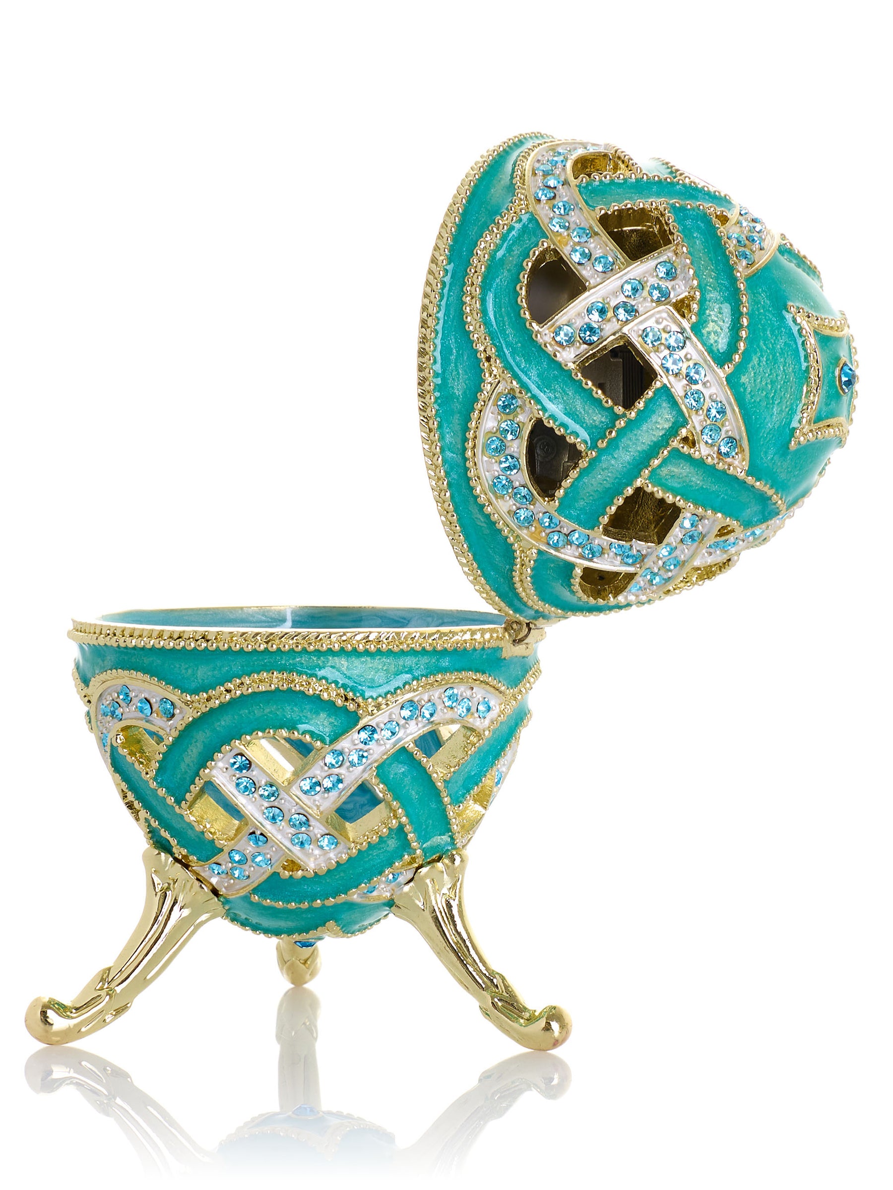 Boîte à bijoux musicale œuf à treillis turquoise tissé - Le Lac des Cygnes de Tchaïkovski