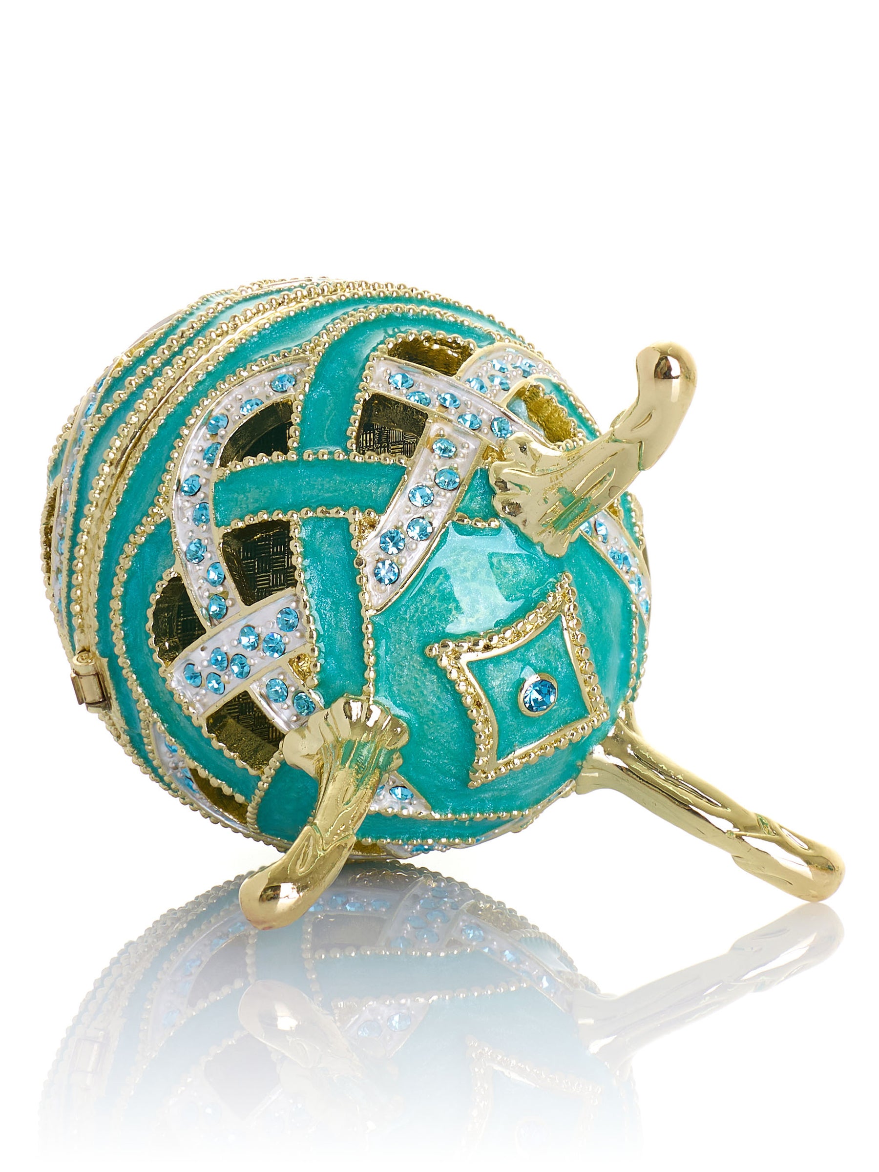 Boîte à bijoux musicale œuf à treillis turquoise tissé - Le Lac des Cygnes de Tchaïkovski