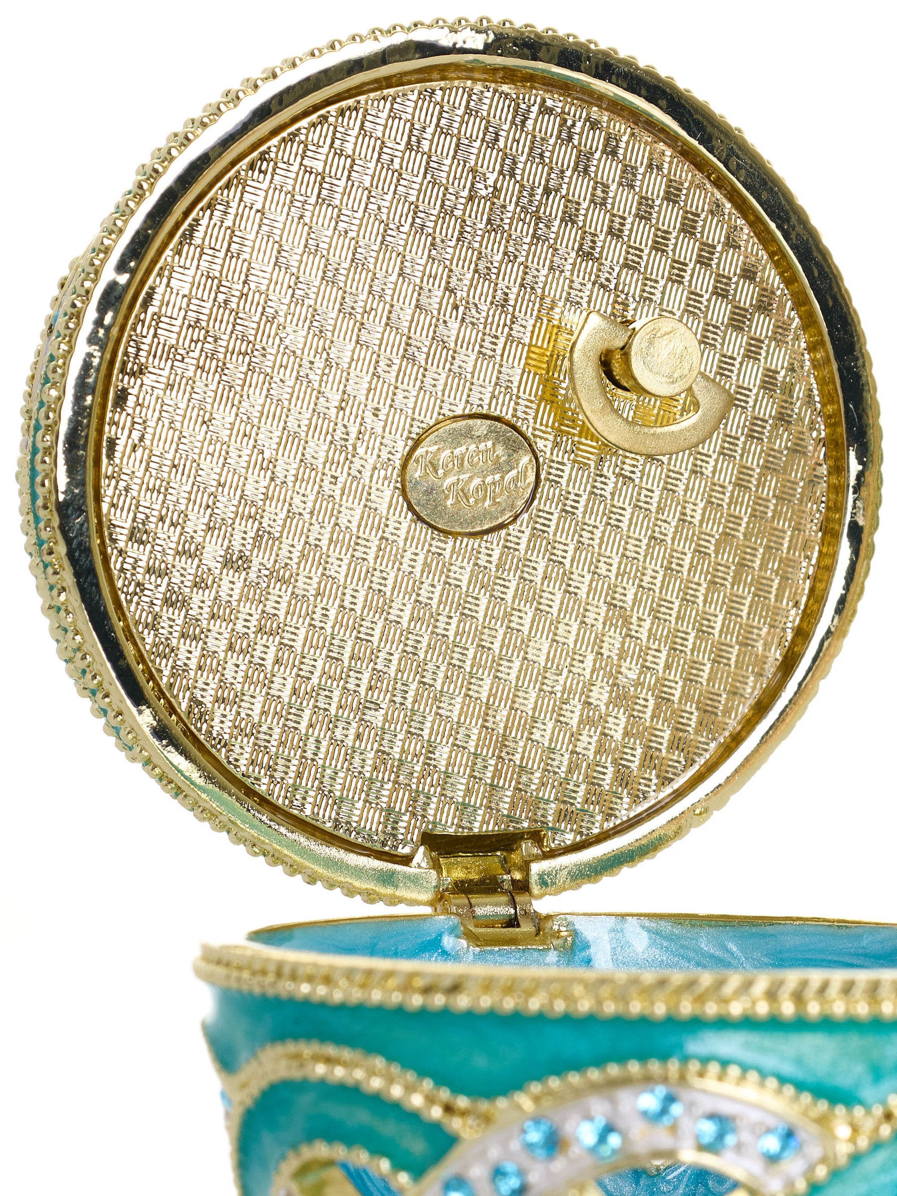 Boîte à bijoux musicale œuf à treillis turquoise tissé - Le Lac des Cygnes de Tchaïkovski