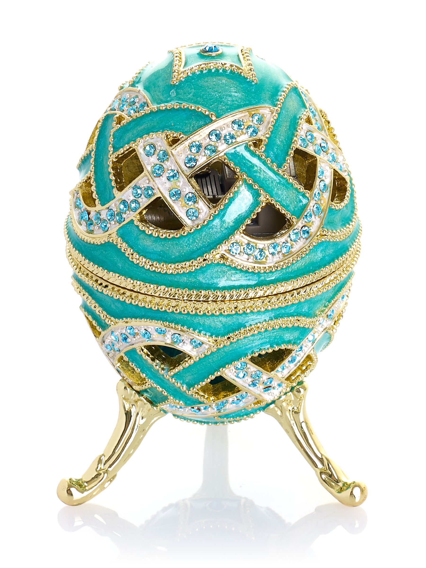Boîte à bijoux musicale œuf à treillis turquoise tissé - Le Lac des Cygnes de Tchaïkovski