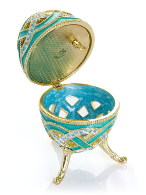 Boîte à bijoux musicale œuf à treillis turquoise tissé - Le Lac des Cygnes de Tchaïkovski