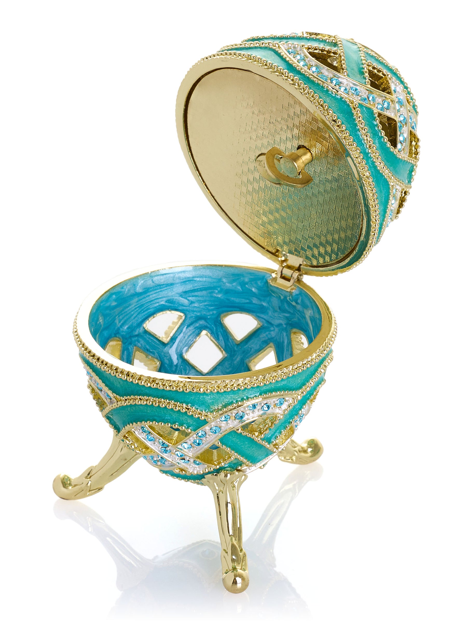 Boîte à bijoux musicale œuf à treillis turquoise tissé - Le Lac des Cygnes de Tchaïkovski