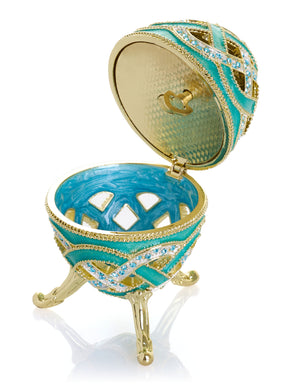 Boîte à bijoux musicale œuf à treillis turquoise tissé - Le Lac des Cygnes de Tchaïkovski
