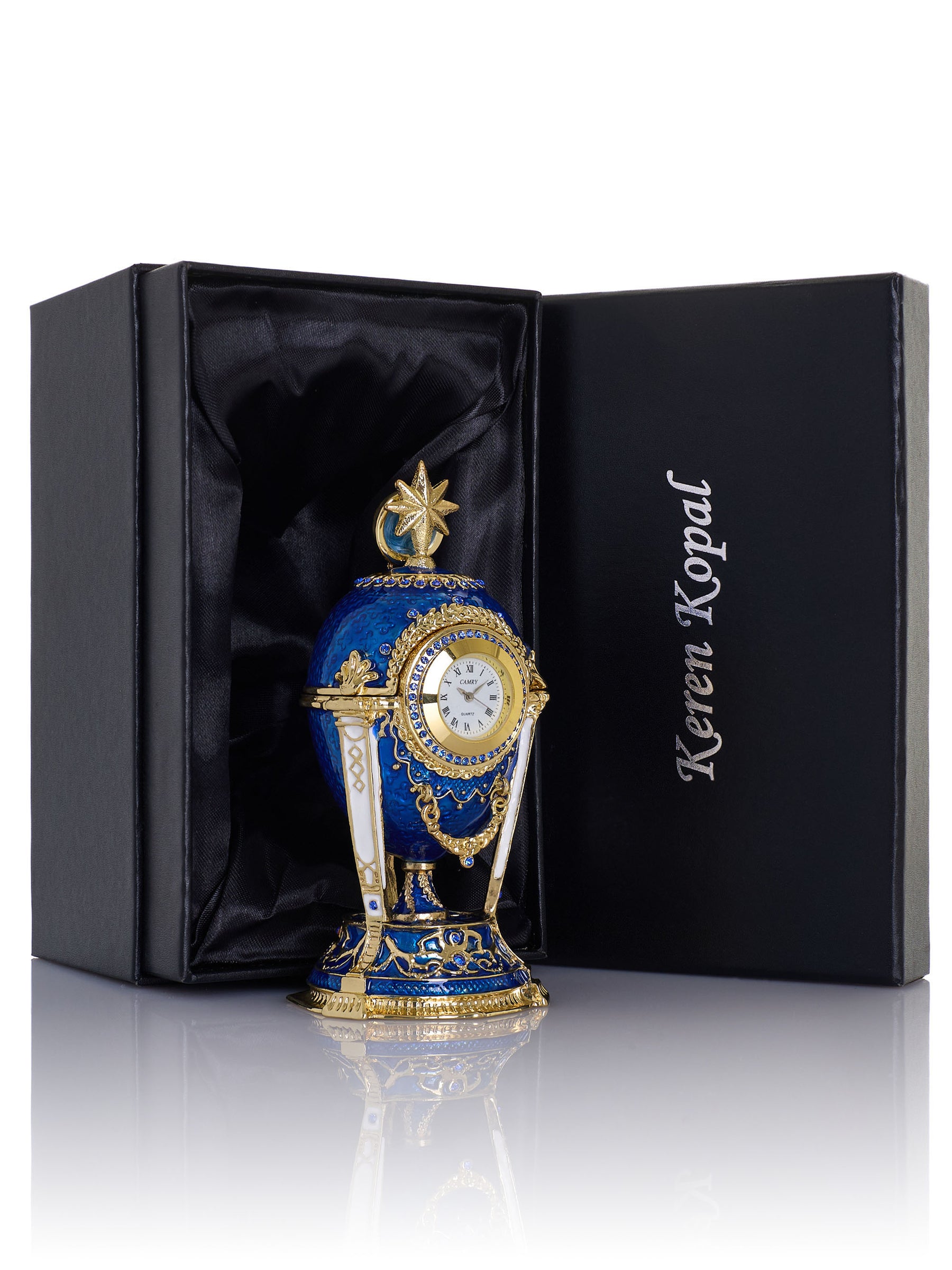 Boîte à bijoux Œuf Horloge Bleu Royal & Or avec Compartiment Secret & Étoile Amovible