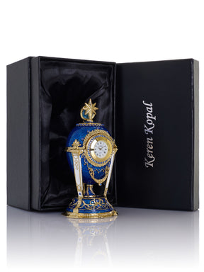 Boîte à bijoux Œuf Horloge Bleu Royal & Or avec Compartiment Secret & Étoile Amovible