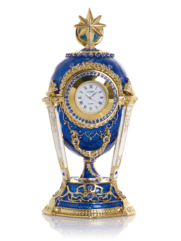 Boîte à bijoux Œuf Horloge Bleu Royal & Or avec Compartiment Secret & Étoile Amovible