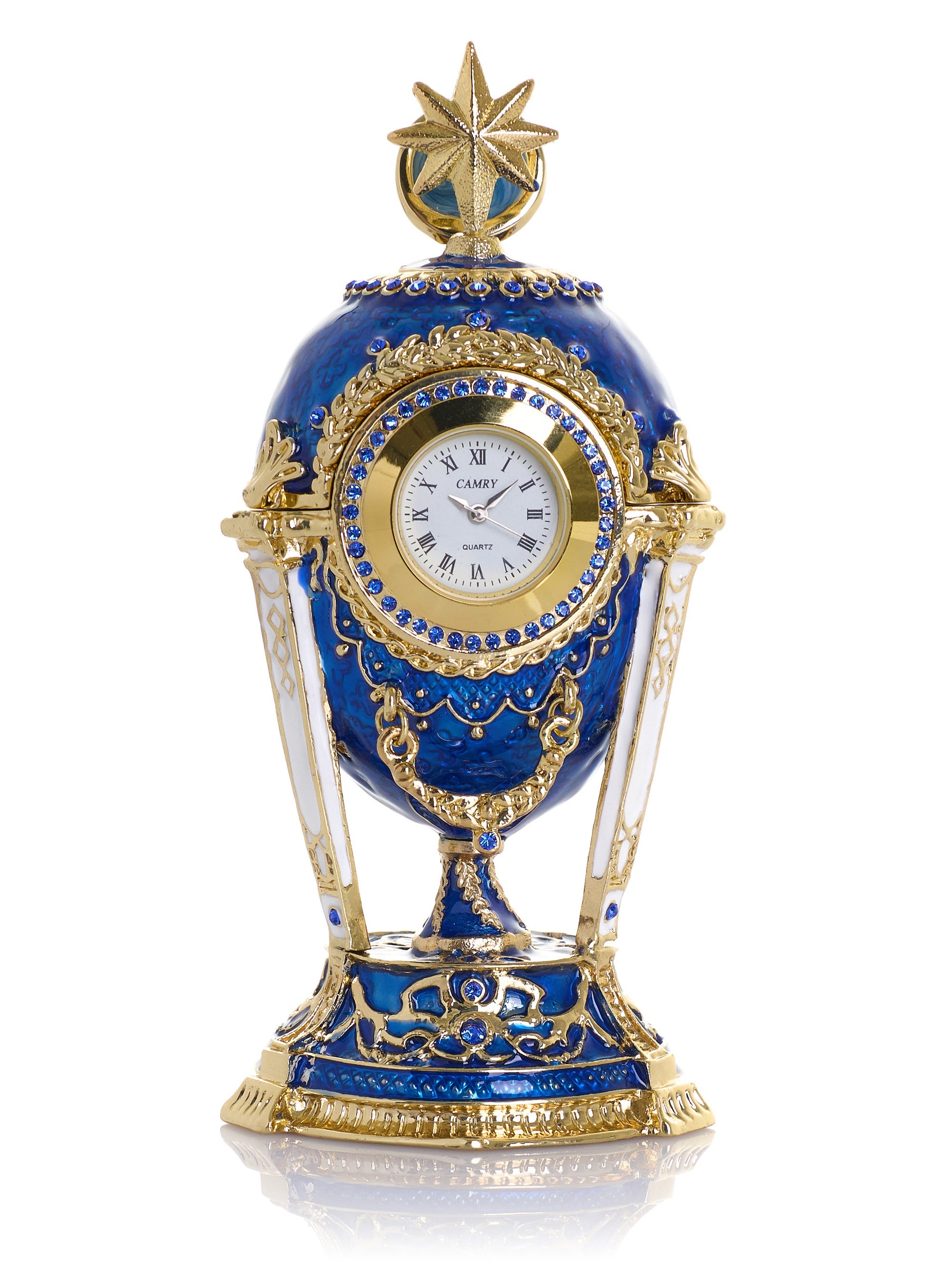 Boîte à bijoux Œuf Horloge Bleu Royal & Or avec Compartiment Secret & Étoile Amovible