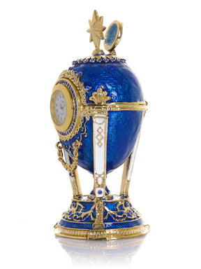 Boîte à bijoux Œuf Horloge Bleu Royal & Or avec Compartiment Secret & Étoile Amovible