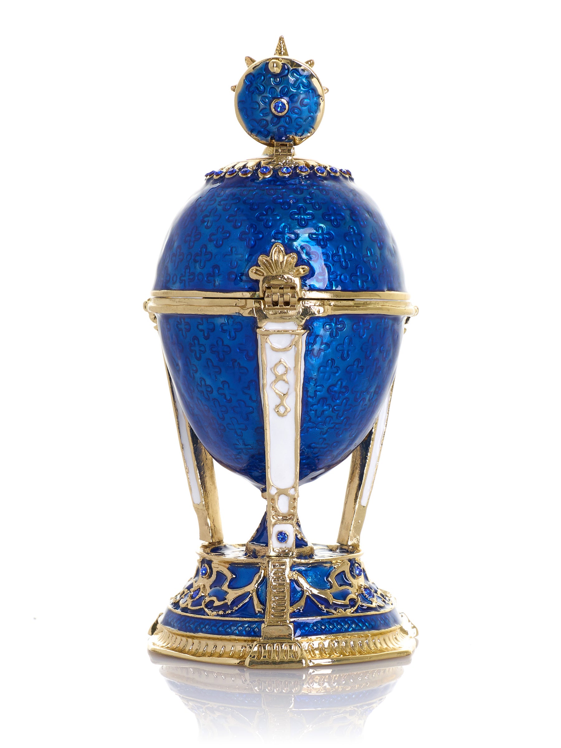 Boîte à bijoux Œuf Horloge Bleu Royal & Or avec Compartiment Secret & Étoile Amovible