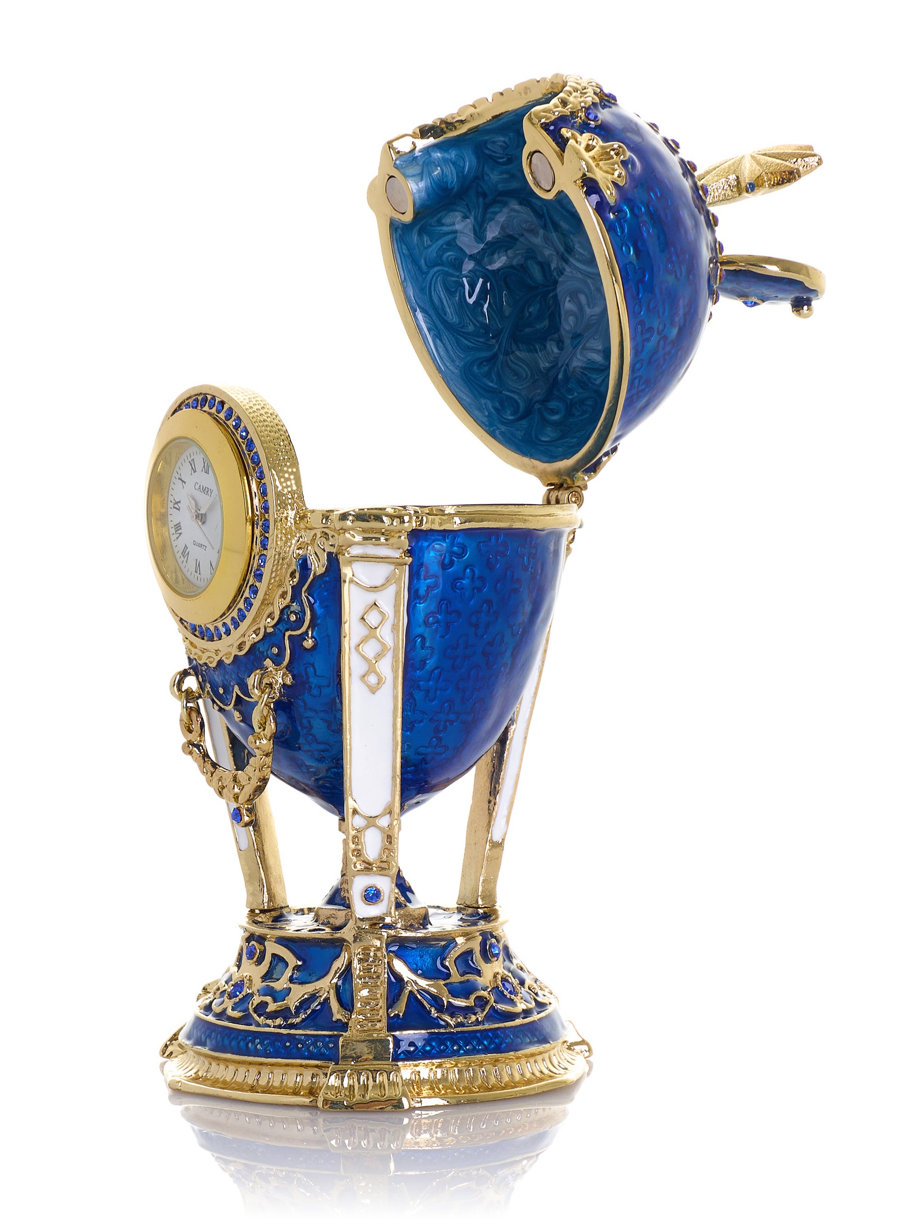 Boîte à bijoux Œuf Horloge Bleu Royal & Or avec Compartiment Secret & Étoile Amovible