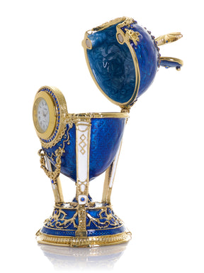 Boîte à bijoux Œuf Horloge Bleu Royal & Or avec Compartiment Secret & Étoile Amovible