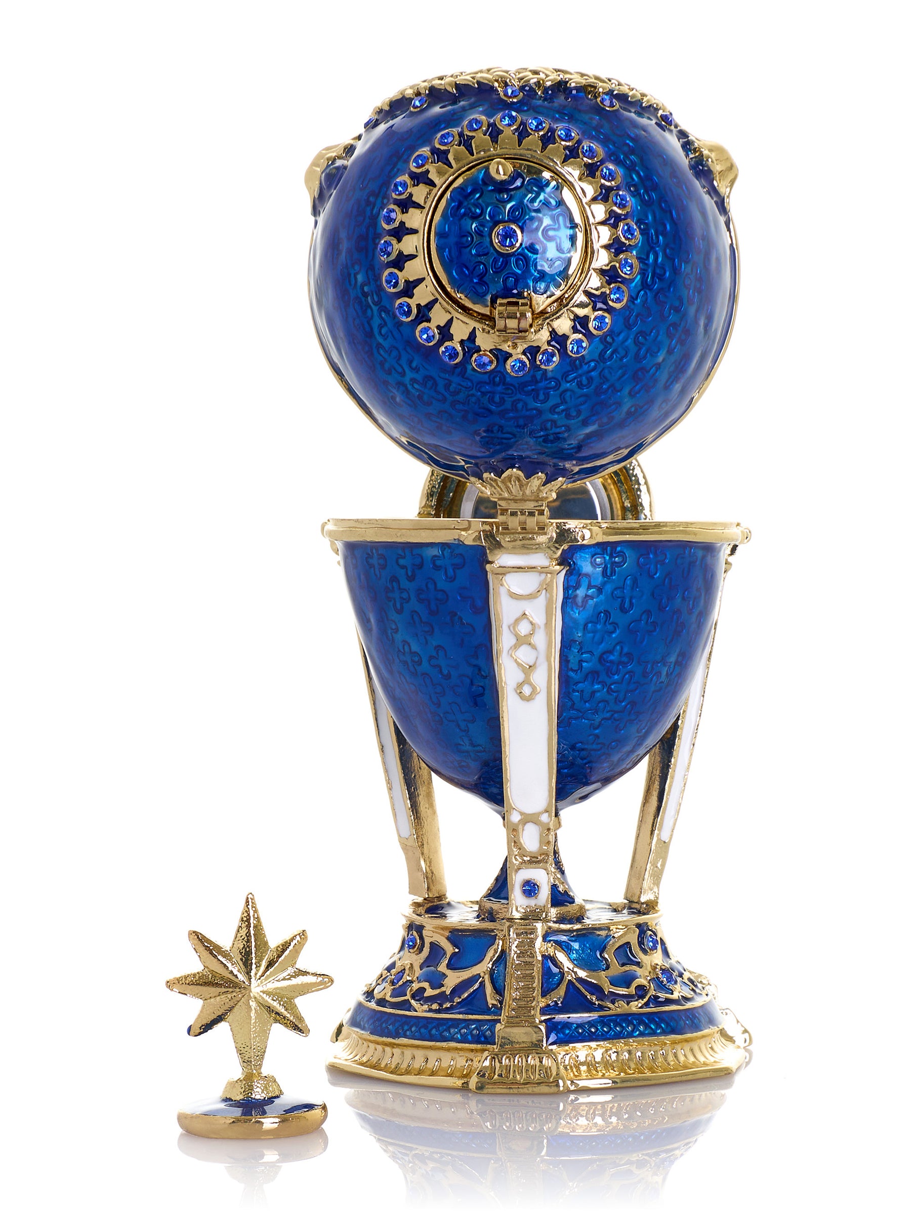 Boîte à bijoux Œuf Horloge Bleu Royal & Or avec Compartiment Secret & Étoile Amovible